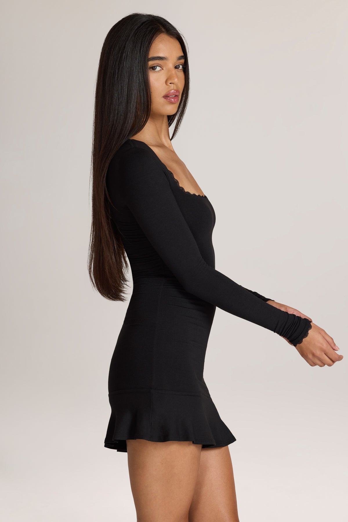 Modal Lace-Trim Mini Dress in Black