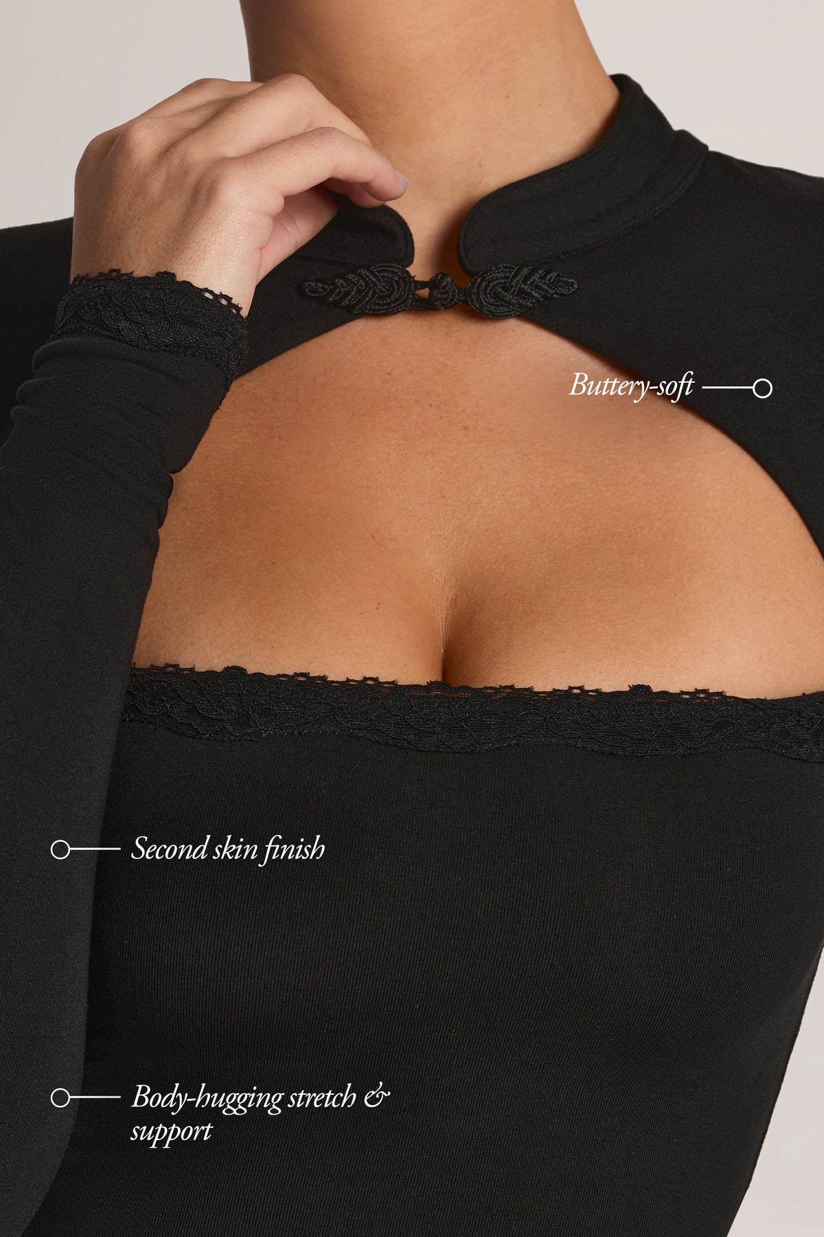 Modal Lace-Trim Long-Sleeve Top in Black - 1