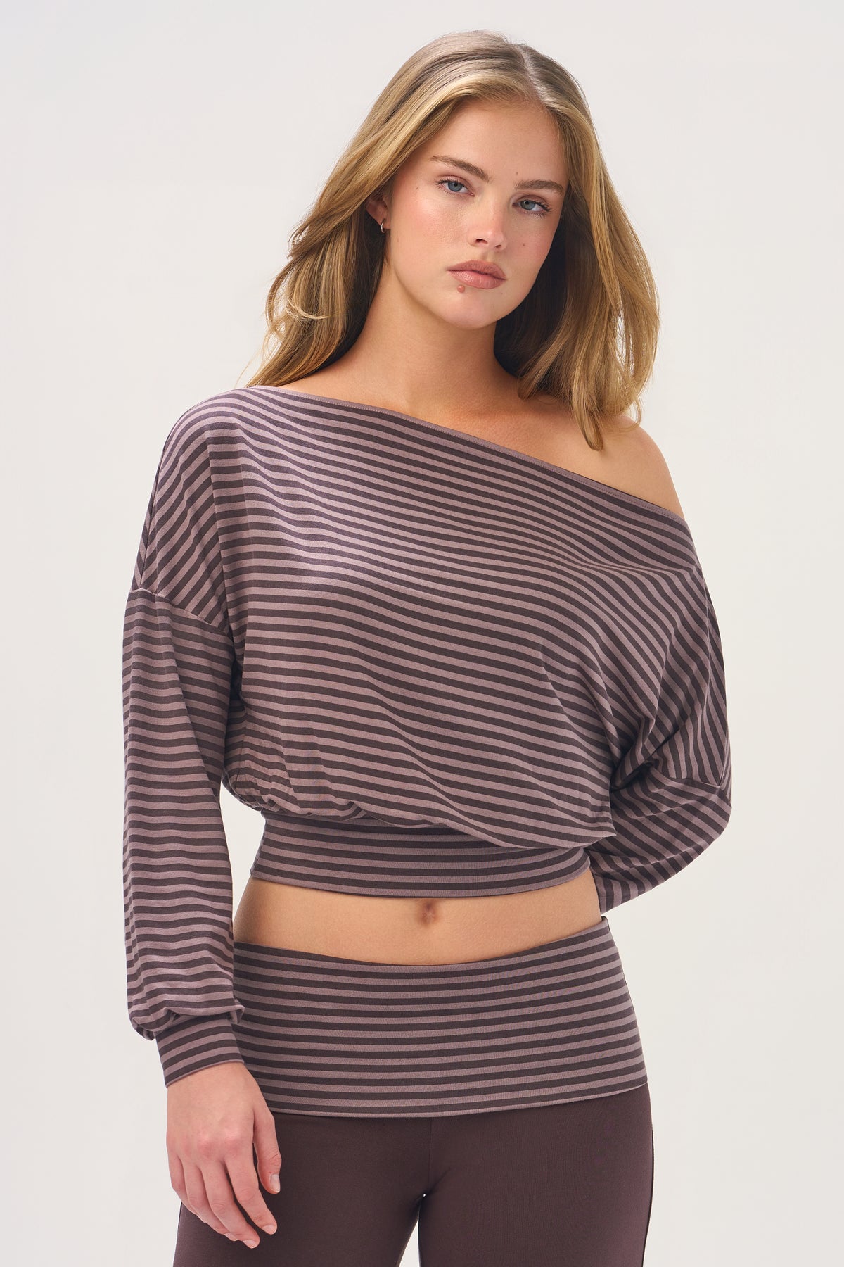 ButterCloud™ Slouchy Off-Shoulder Top in Espresso Stripe - 1