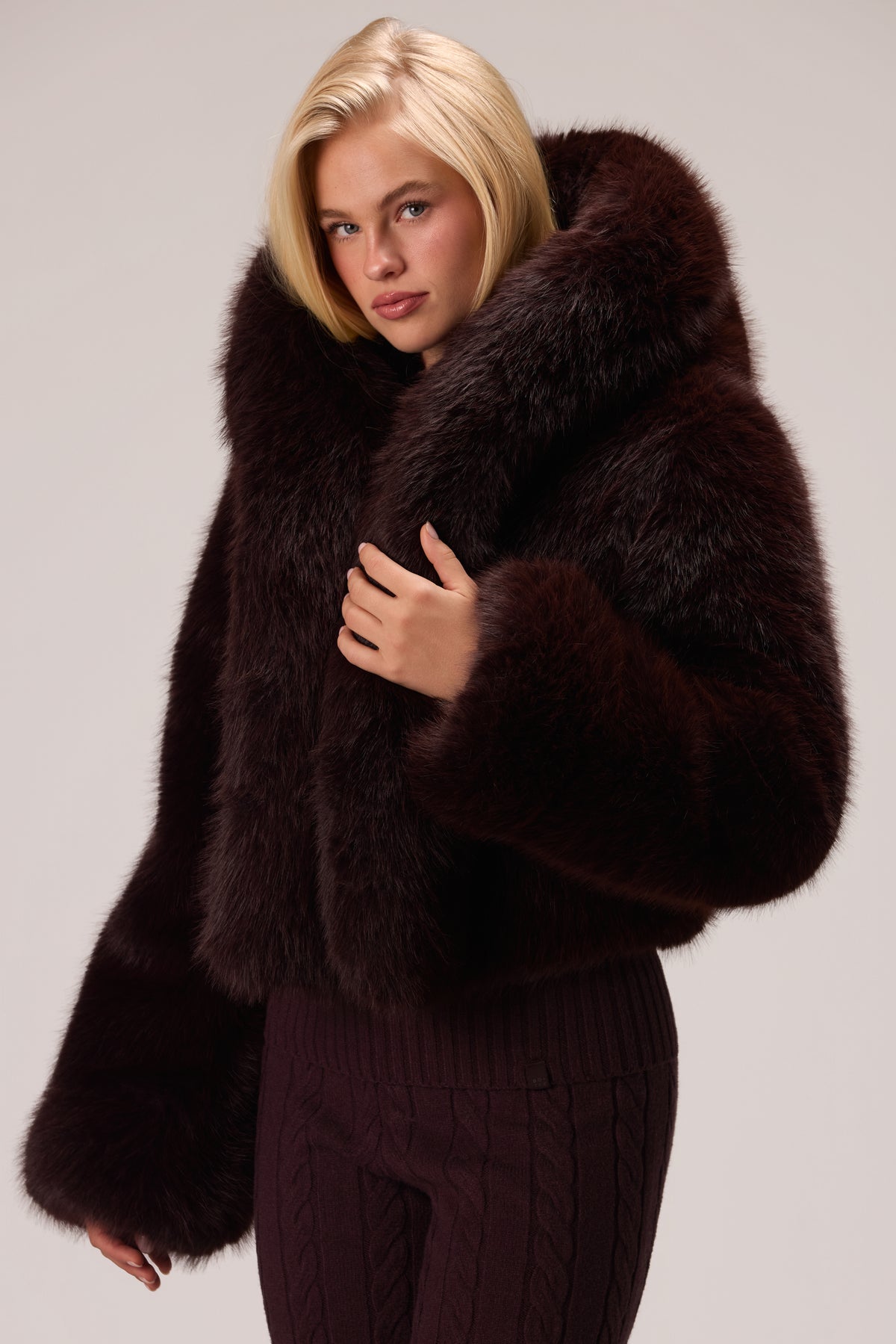 Cropped Hooded Fur Jacket in Hot Cocoa