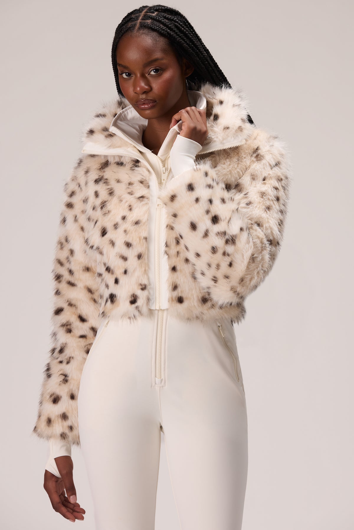 Faux Fur Ski Suit in Snow Leopard