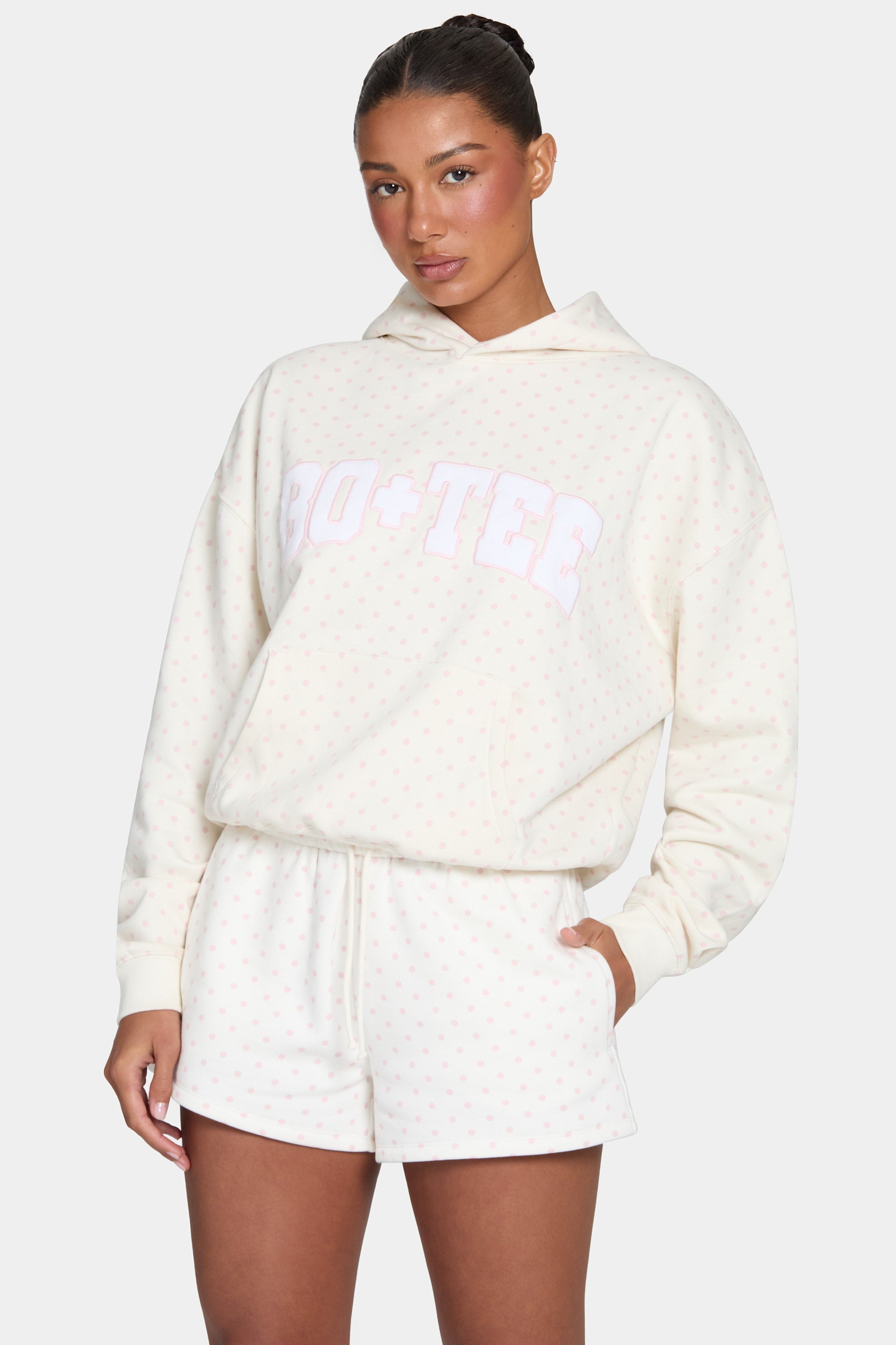 Oversized Applique Hoodie in Ivory Polka Dot