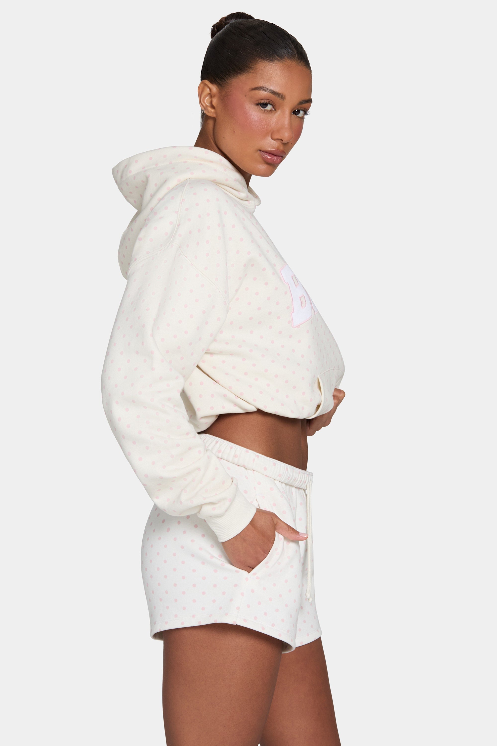 Oversized Applique Hoodie in Ivory Polka Dot
