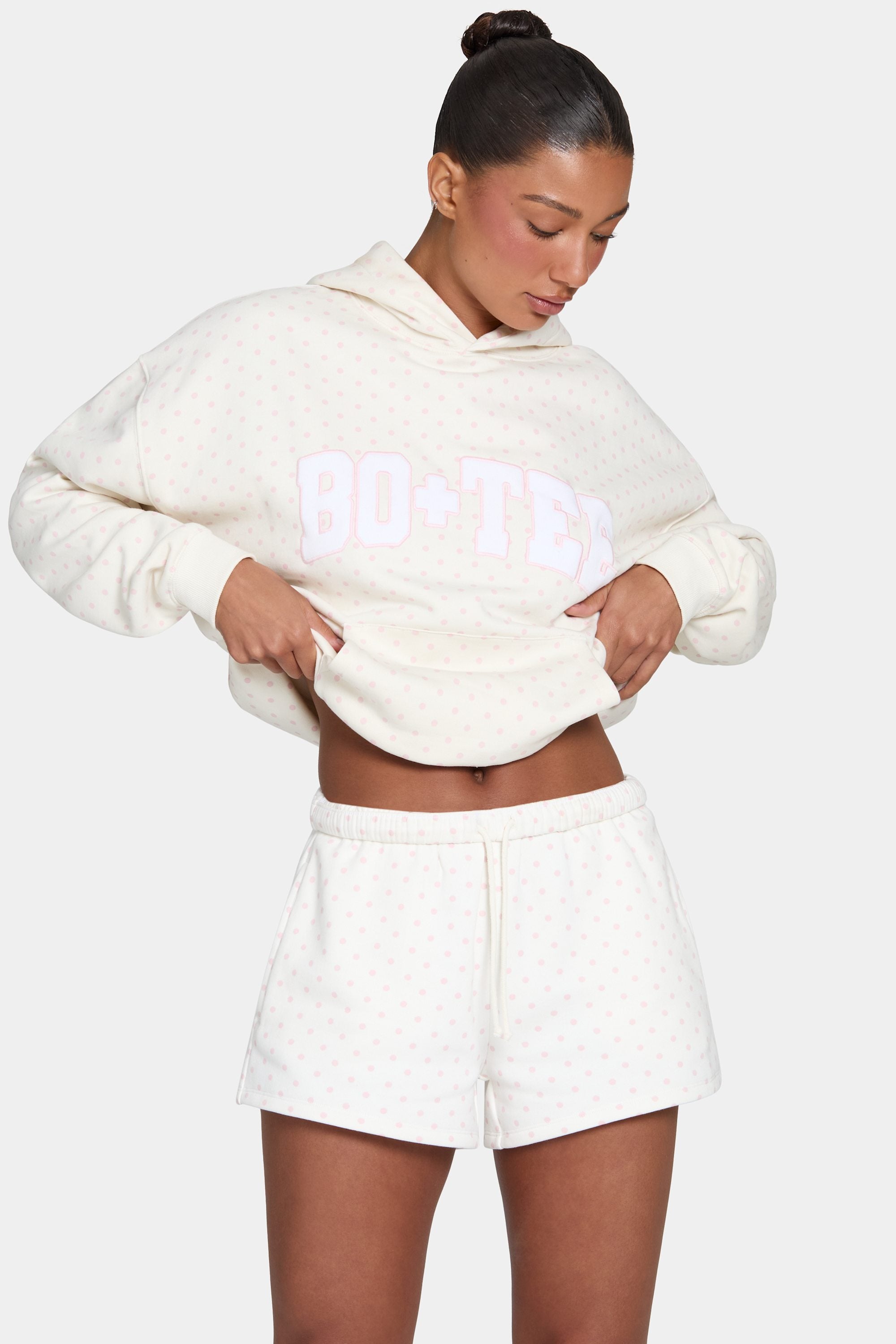 Oversized Applique Hoodie in Ivory Polka Dot