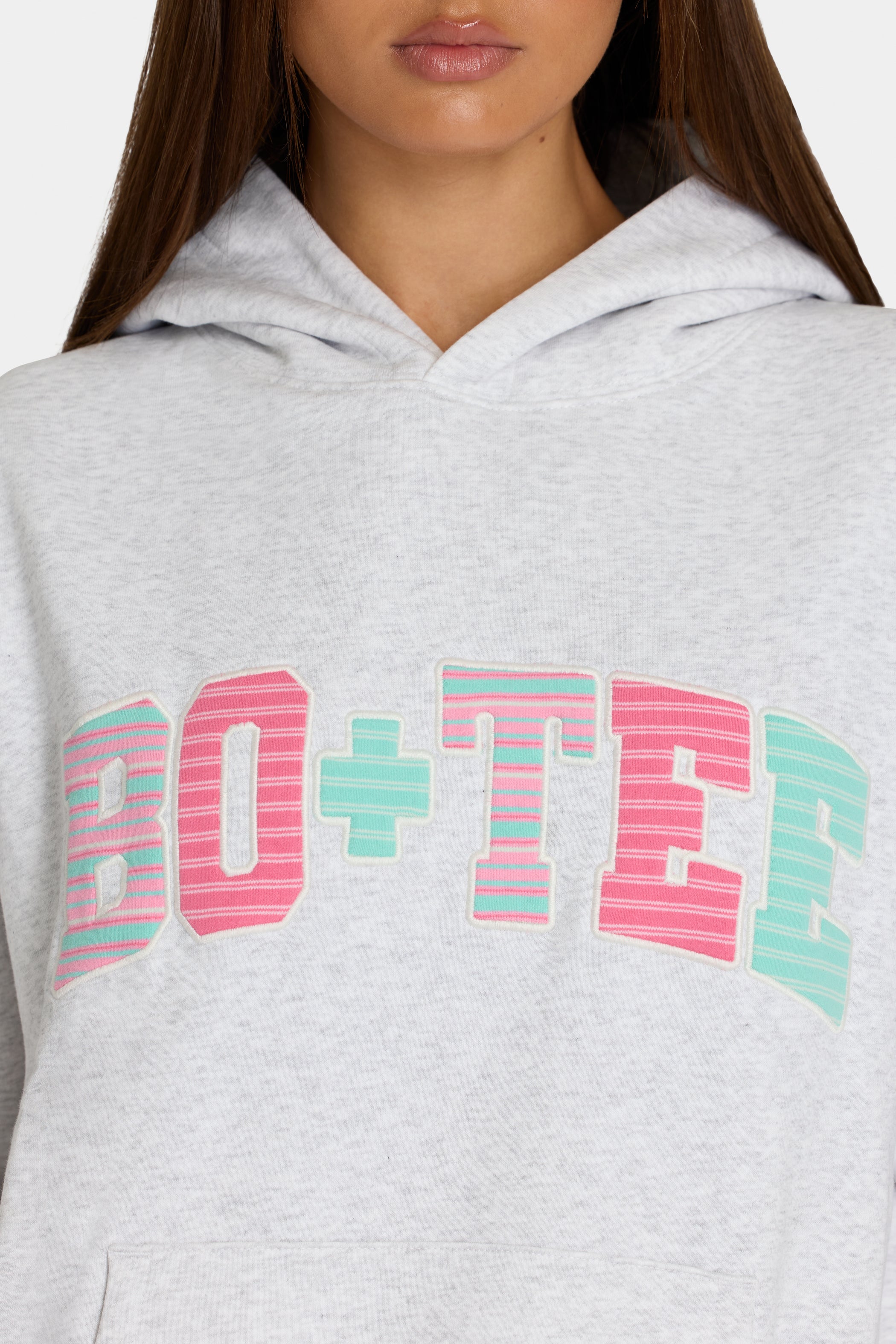 Oversized Applique Hoodie in Grey Marl Stripe