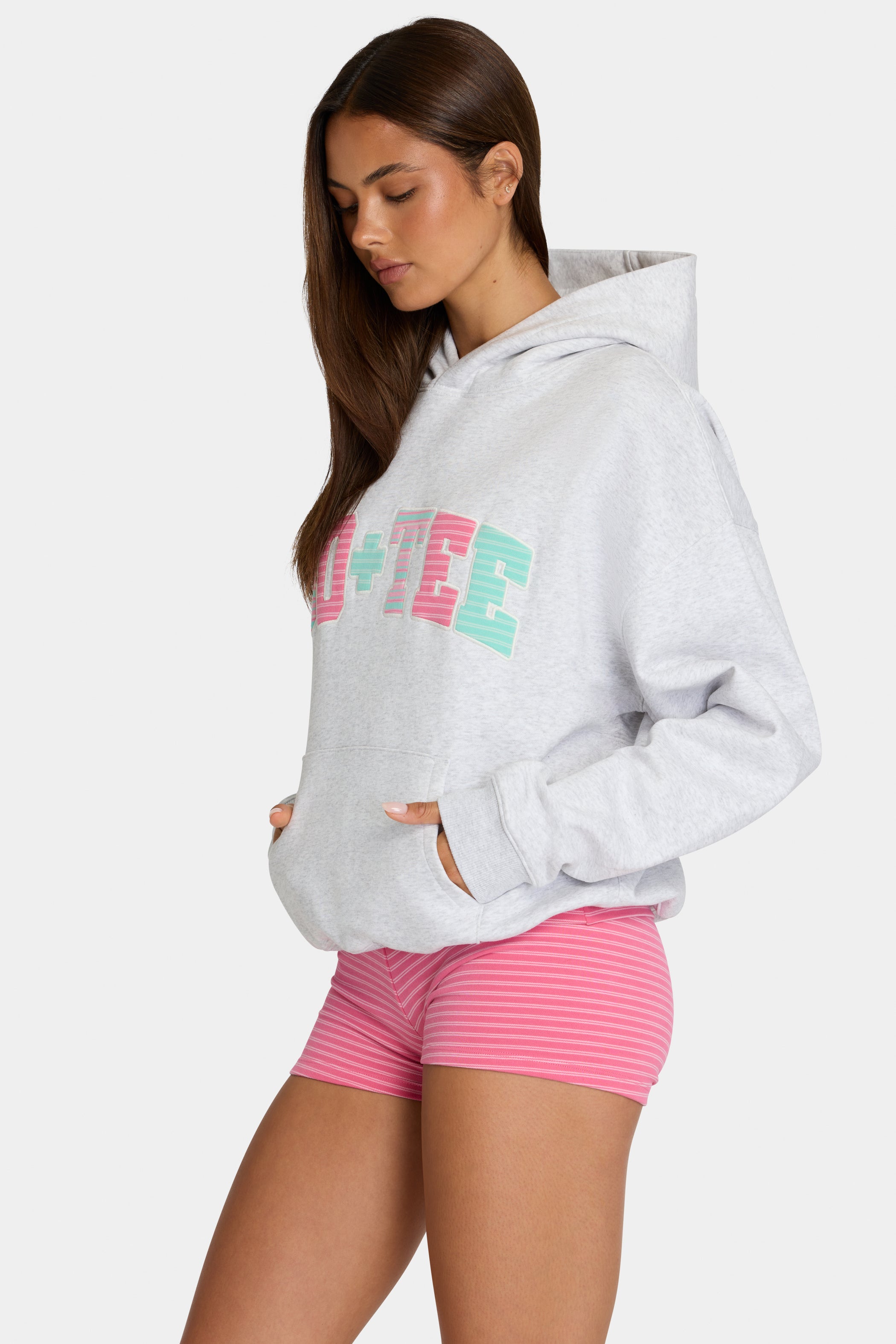 Oversized Applique Hoodie in Grey Marl Stripe