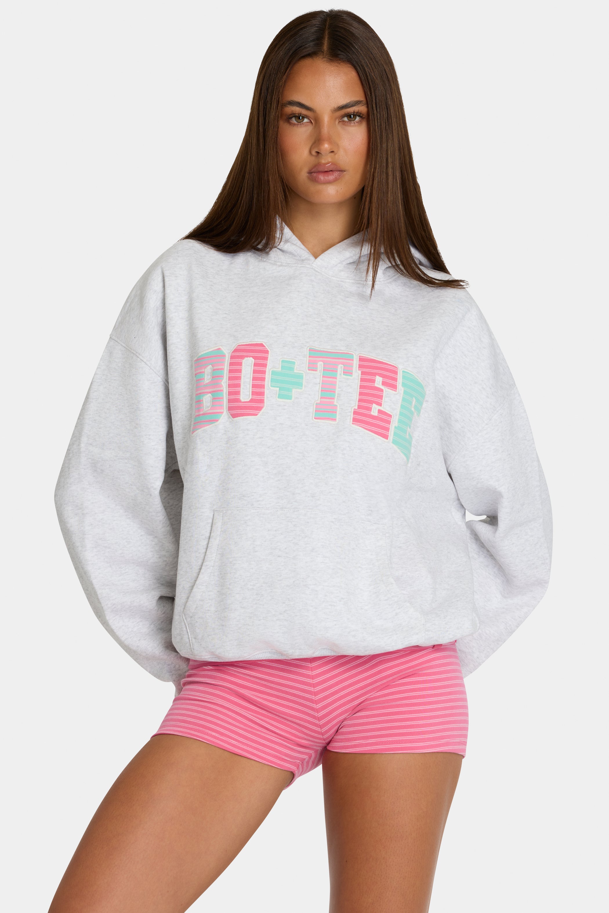 Oversized Applique Hoodie in Grey Marl Stripe