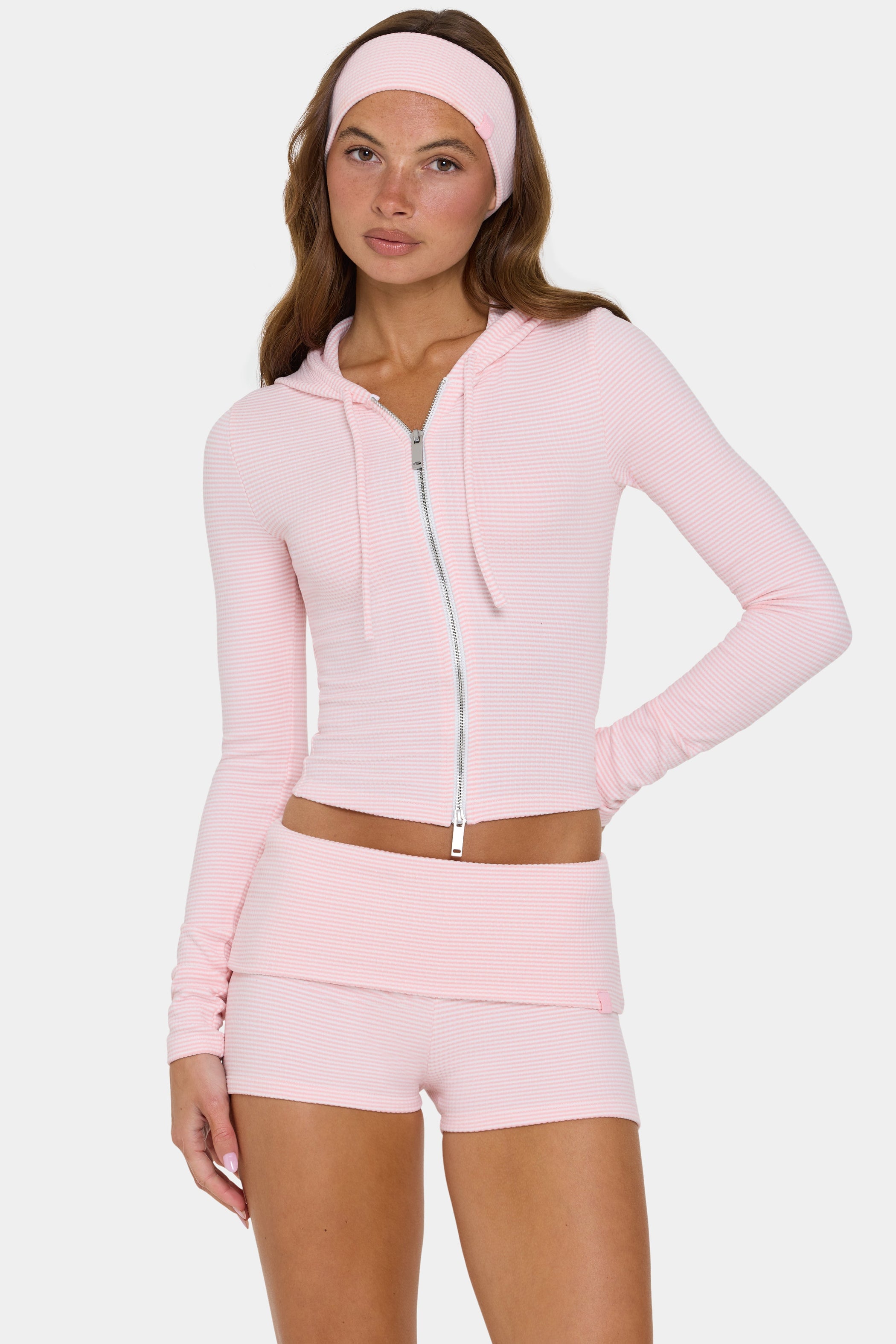 Ribbed Jersey Cropped Hoodie in Peach Stripe - 1