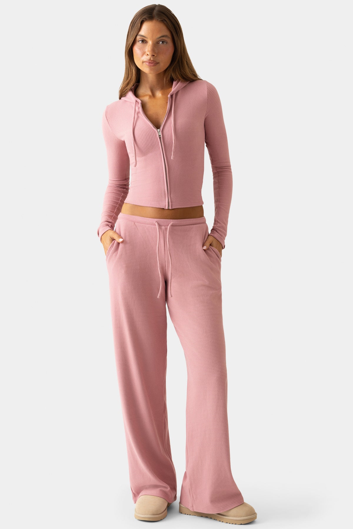 Ribbed Jersey Low-Rise Trousers in Berry
