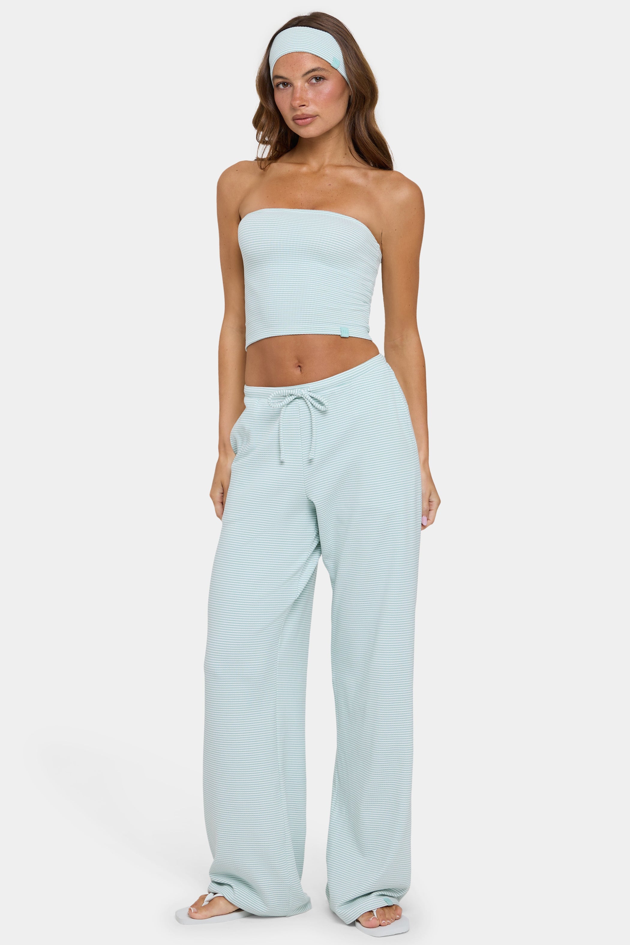 Ribbed Jersey Low-Rise Trousers in Mint Stripe - 1