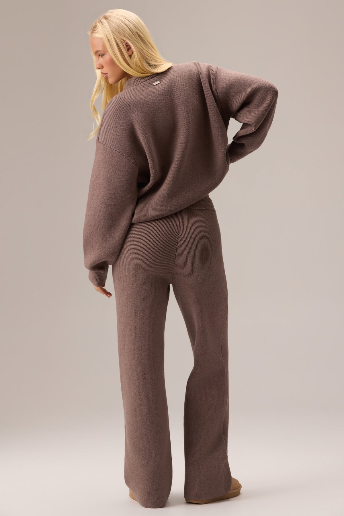 Ribbed Knit Wide-Leg Joggers in Chestnut