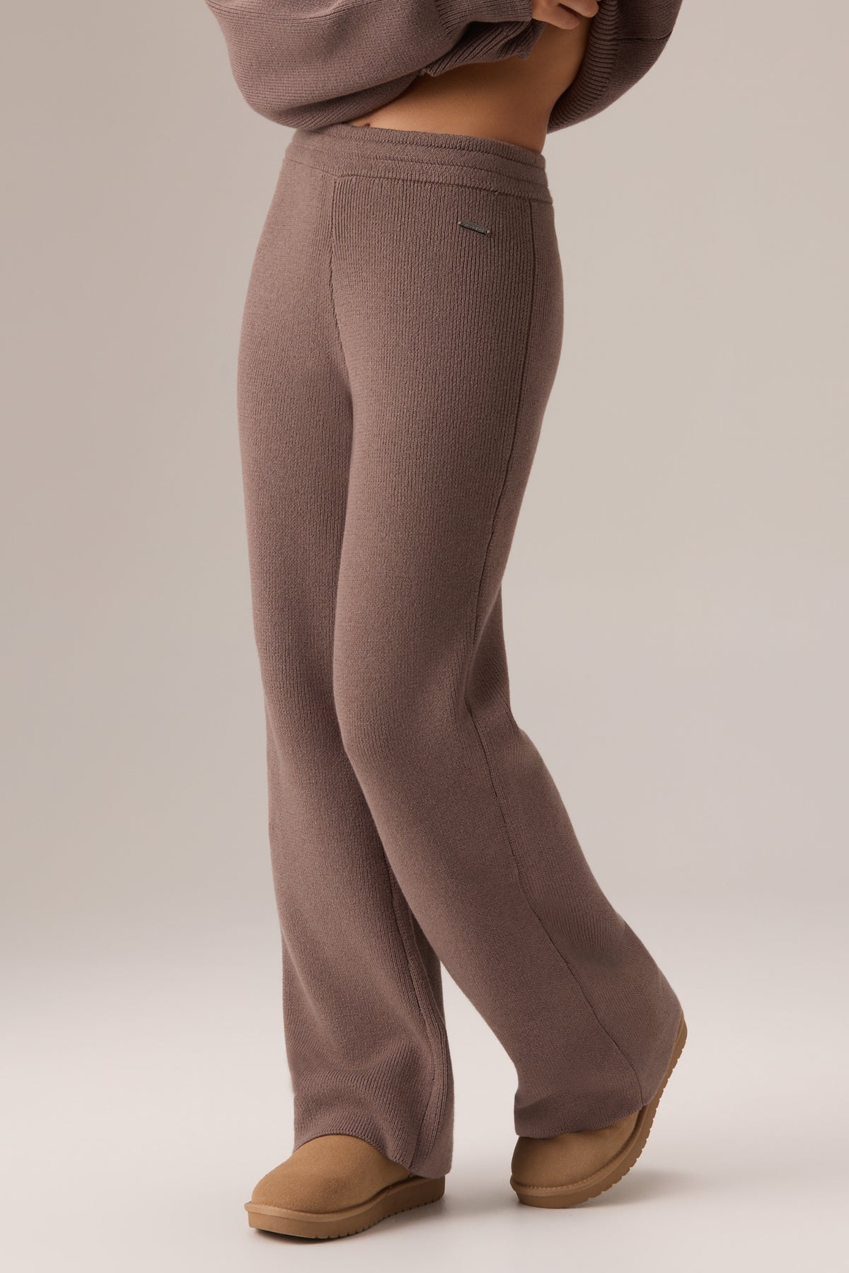 Ribbed Knit Wide-Leg Joggers in Chestnut