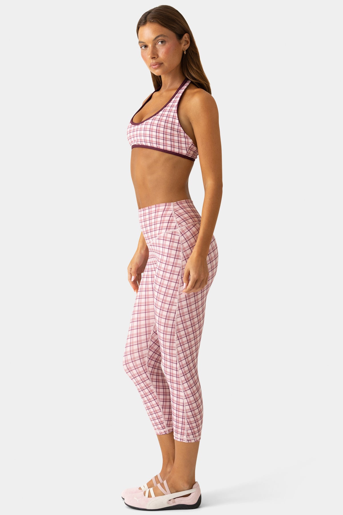 Soft Active Capri Leggings in Berry Plaid