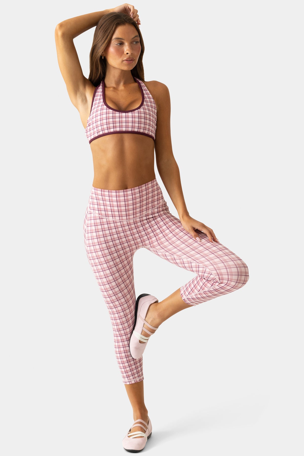 Soft Active Capri Leggings in Berry Plaid