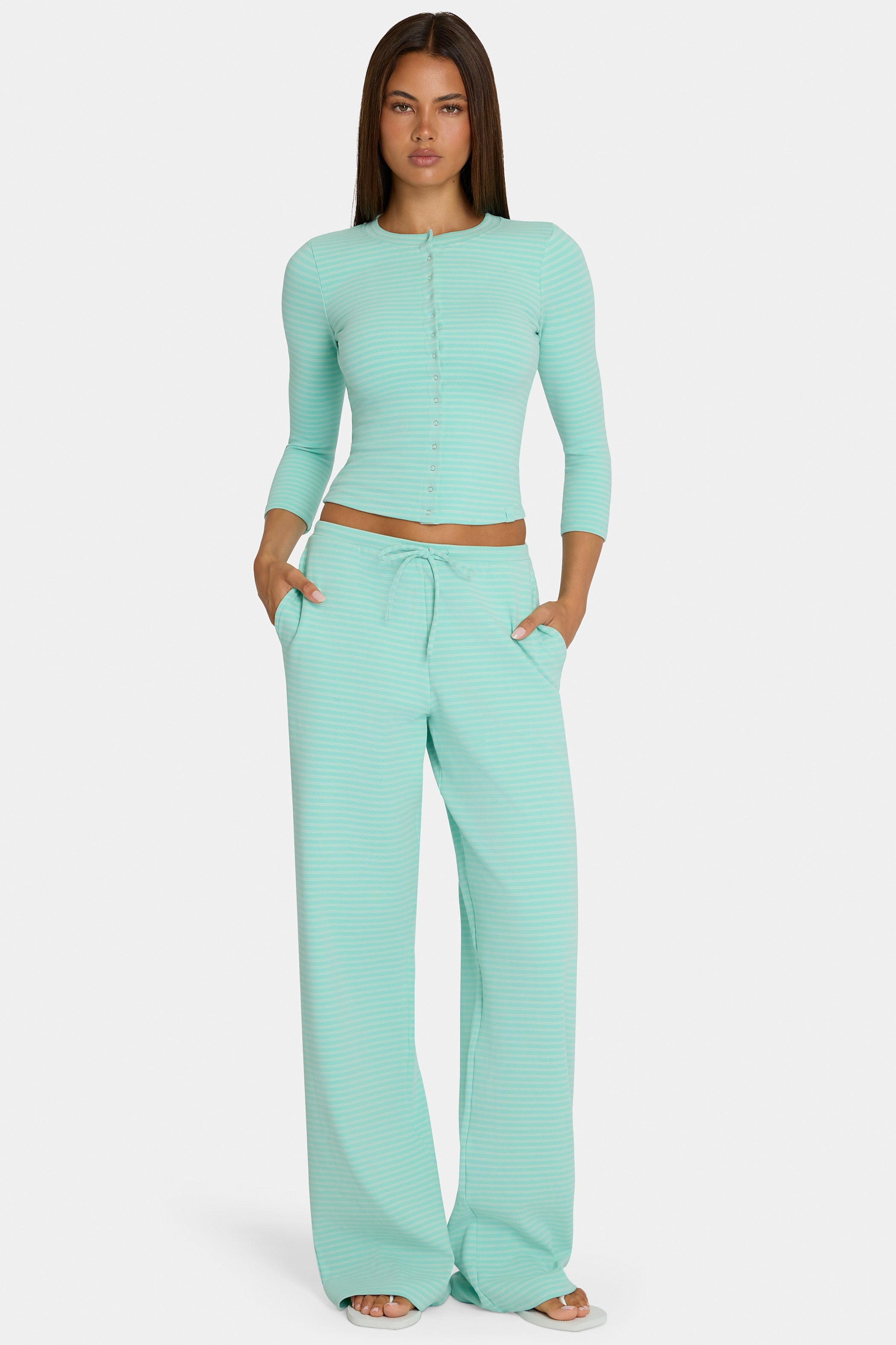 Brushed Jersey Low-Rise Trousers in Aqua Stripe - 2