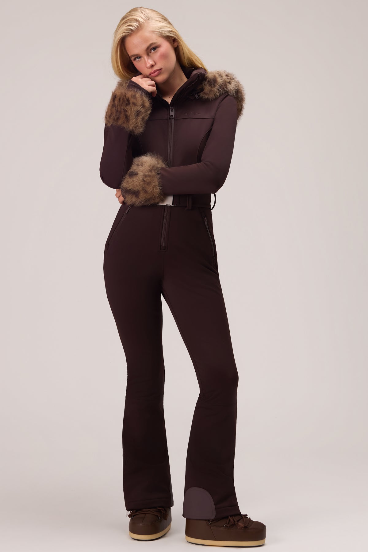 Water Resistant Fitted Ski Suit with Faux Fur Hood in Hot Cocoa - 2