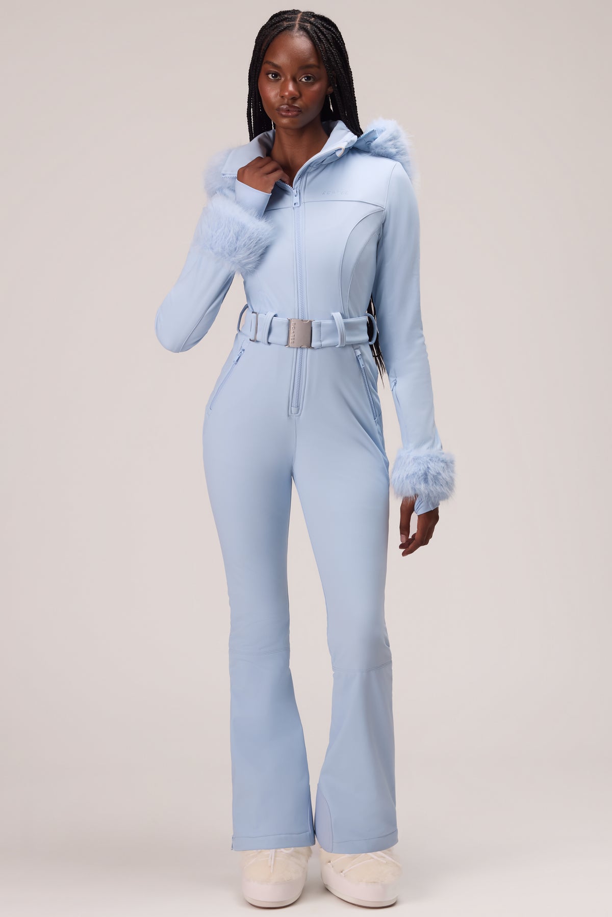 Water Resistant Fitted Ski Suit with Faux Fur Hood in Powder Blue