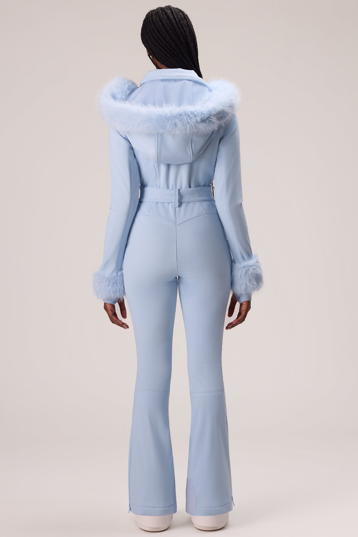 Water Resistant Fitted Ski Suit with Faux Fur Hood in Powder Blue