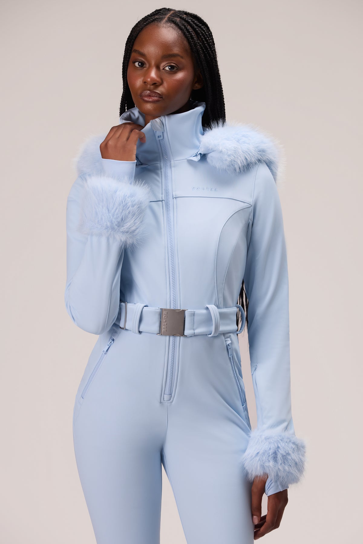 Water Resistant Fitted Ski Suit with Faux Fur Hood in Powder Blue