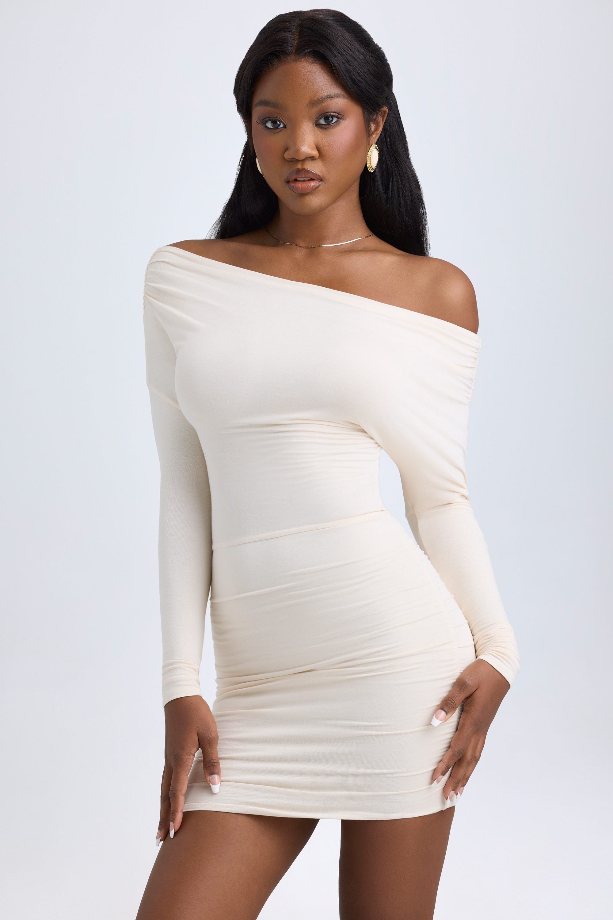 Modal Off-Shoulder Ruched Mini Dress in Ivory - 1