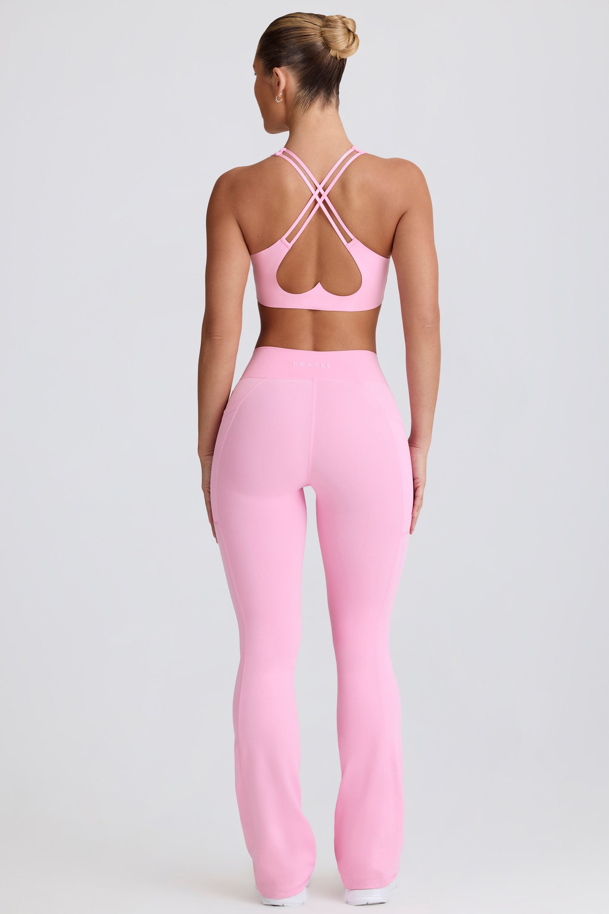 Soft Active V-Waist Pocket Flared Leggings in Baby Pink - 2