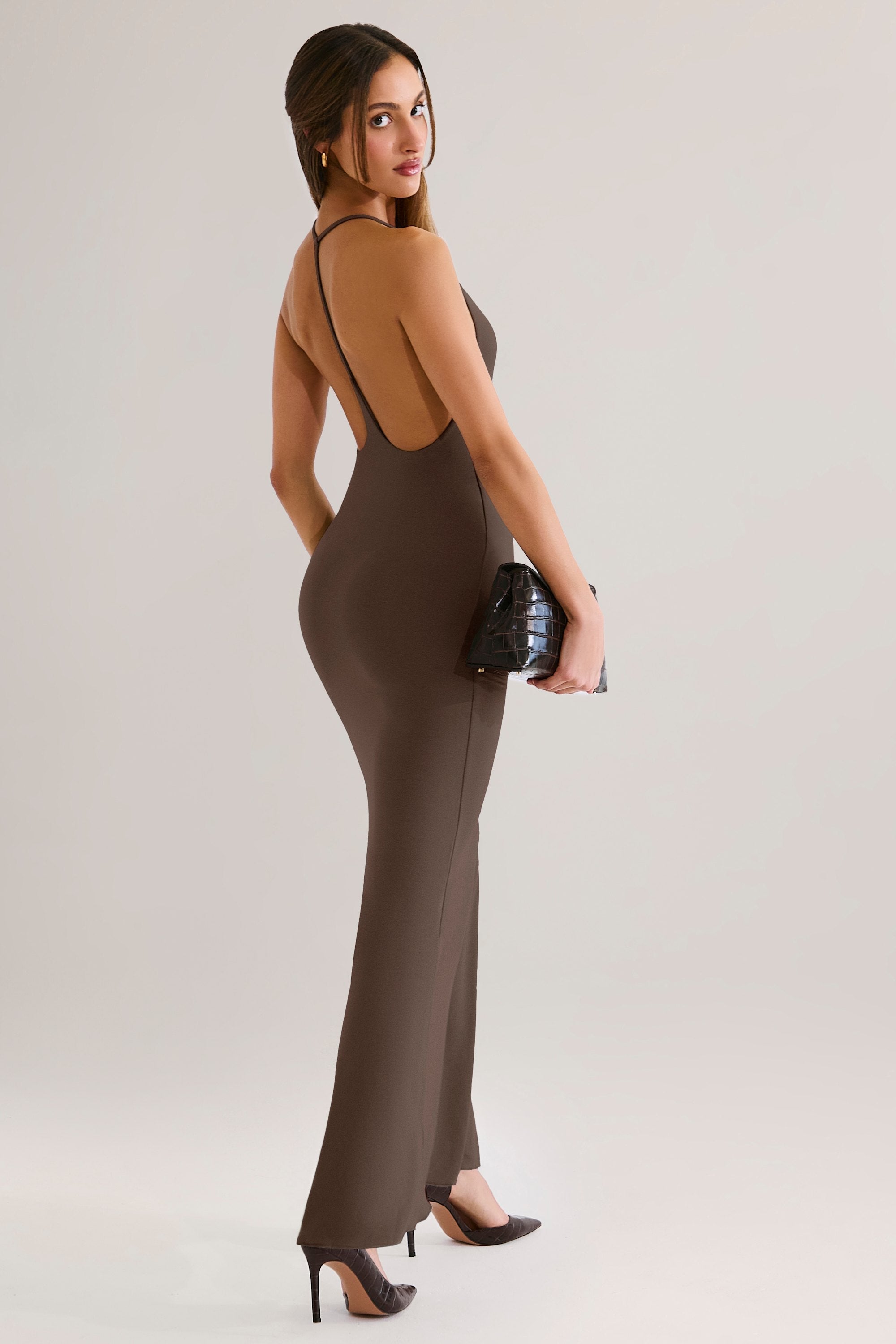 Modal Plunge Backless Maxi Dress in Chocolate Brown - 1