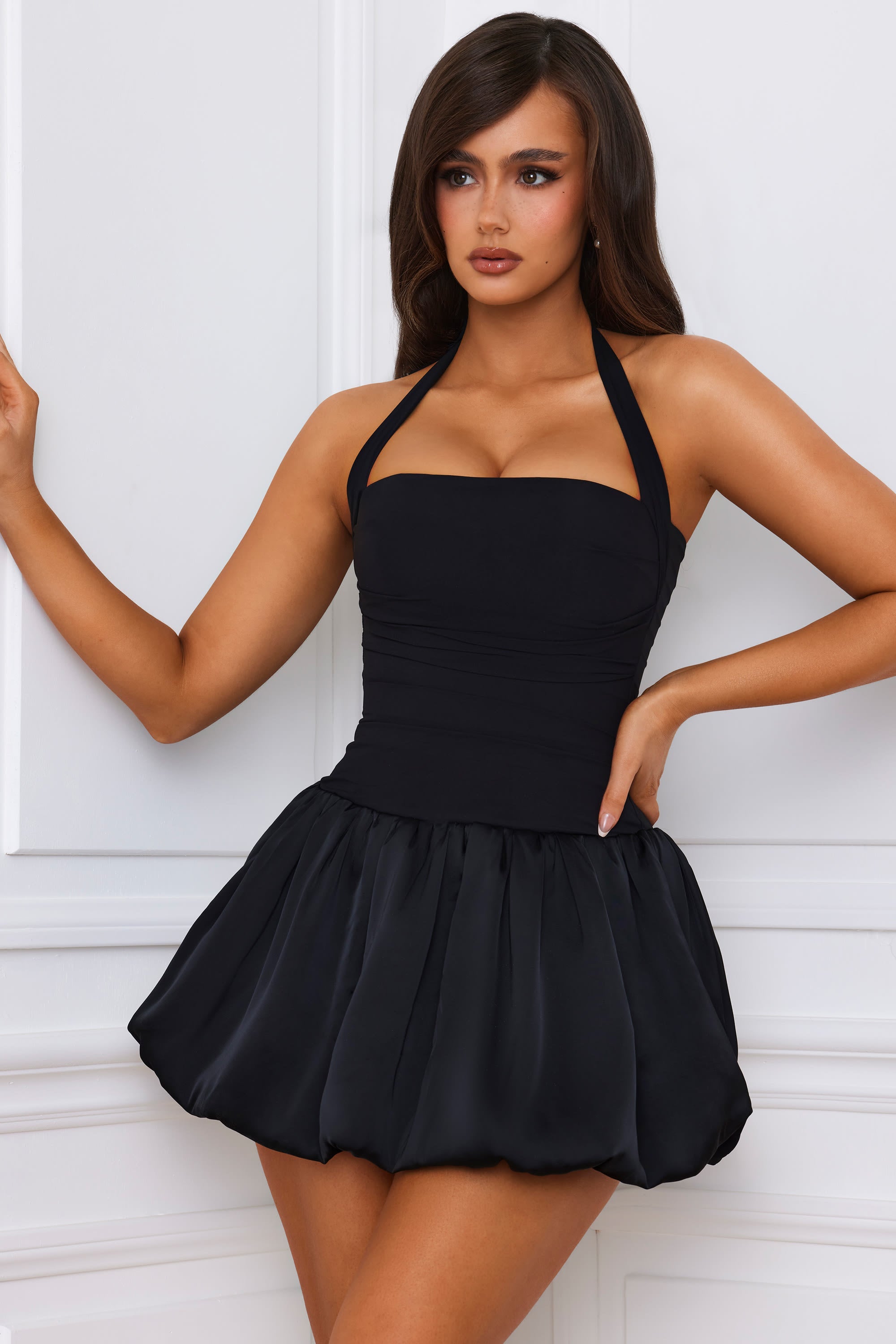 Halterneck Lace-Up Bubble Hem Corset Micro Mini Dress in Black - 1