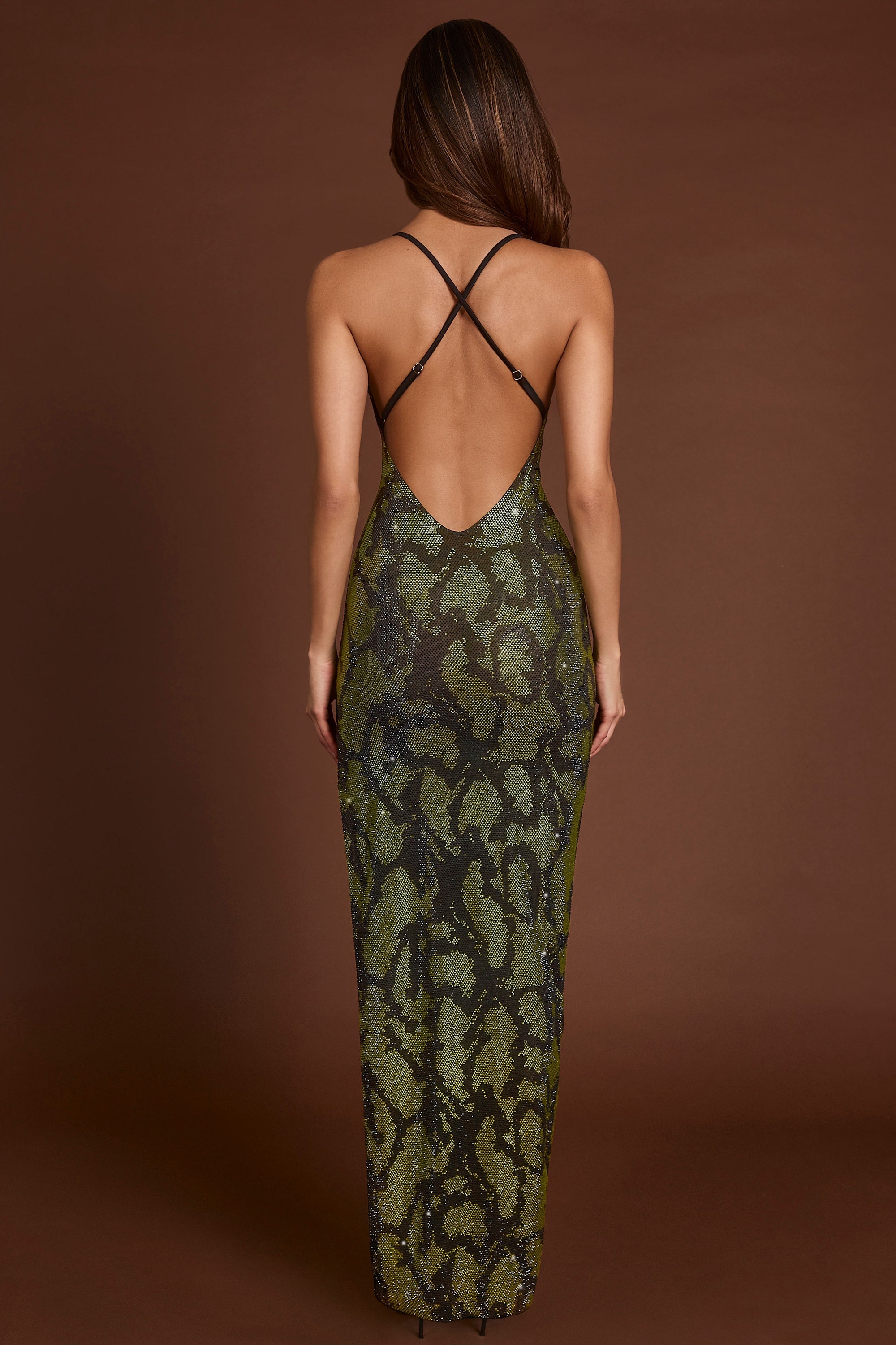 Embellished Halterneck Maxi Dress in Green Snake - 2