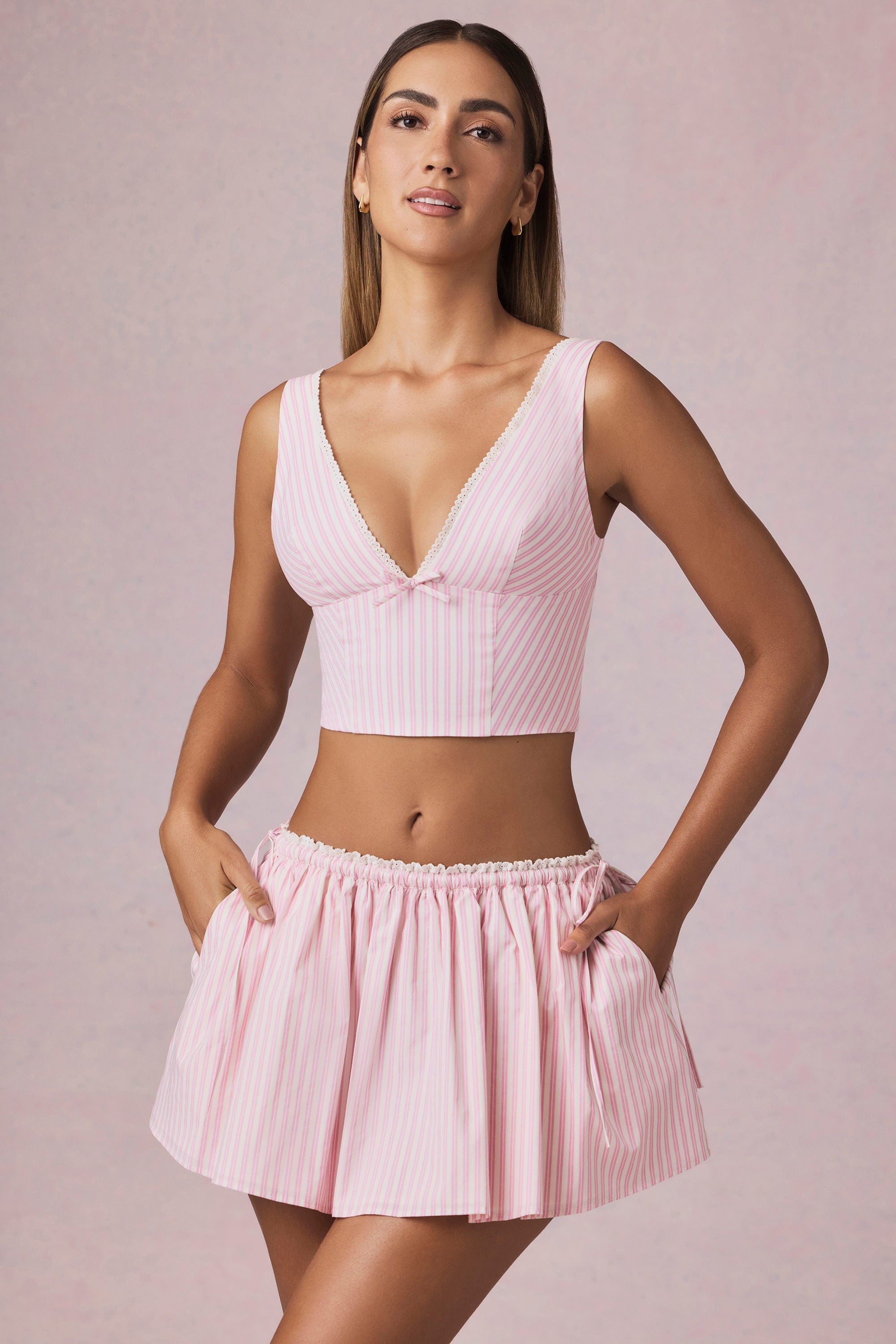 Ruched Drawstring Mini Skirt in Soft Mauve Stripe - 1