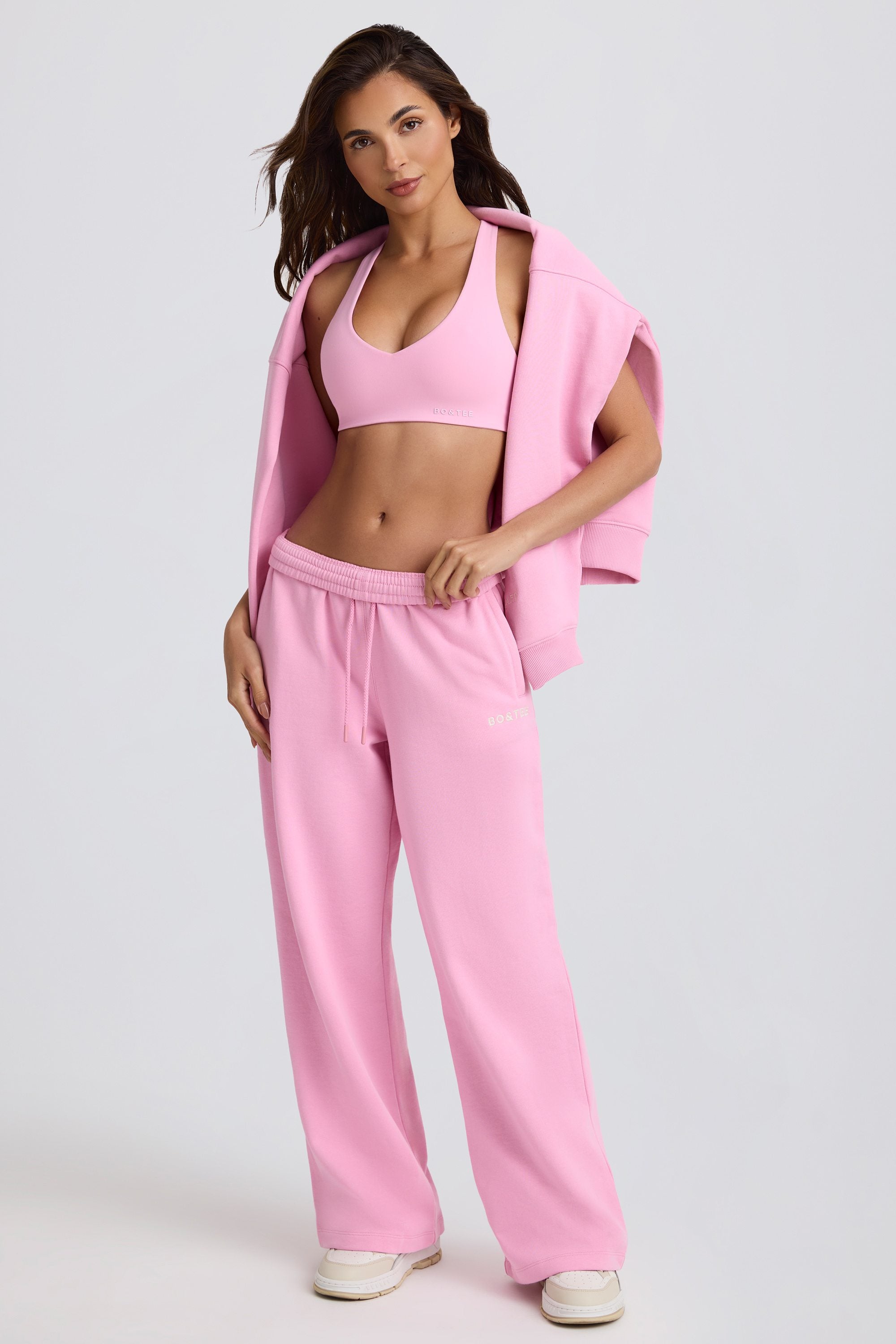 Soft Cotton Jersey Mid-Rise Wide-Leg Joggers in Baby Pink
