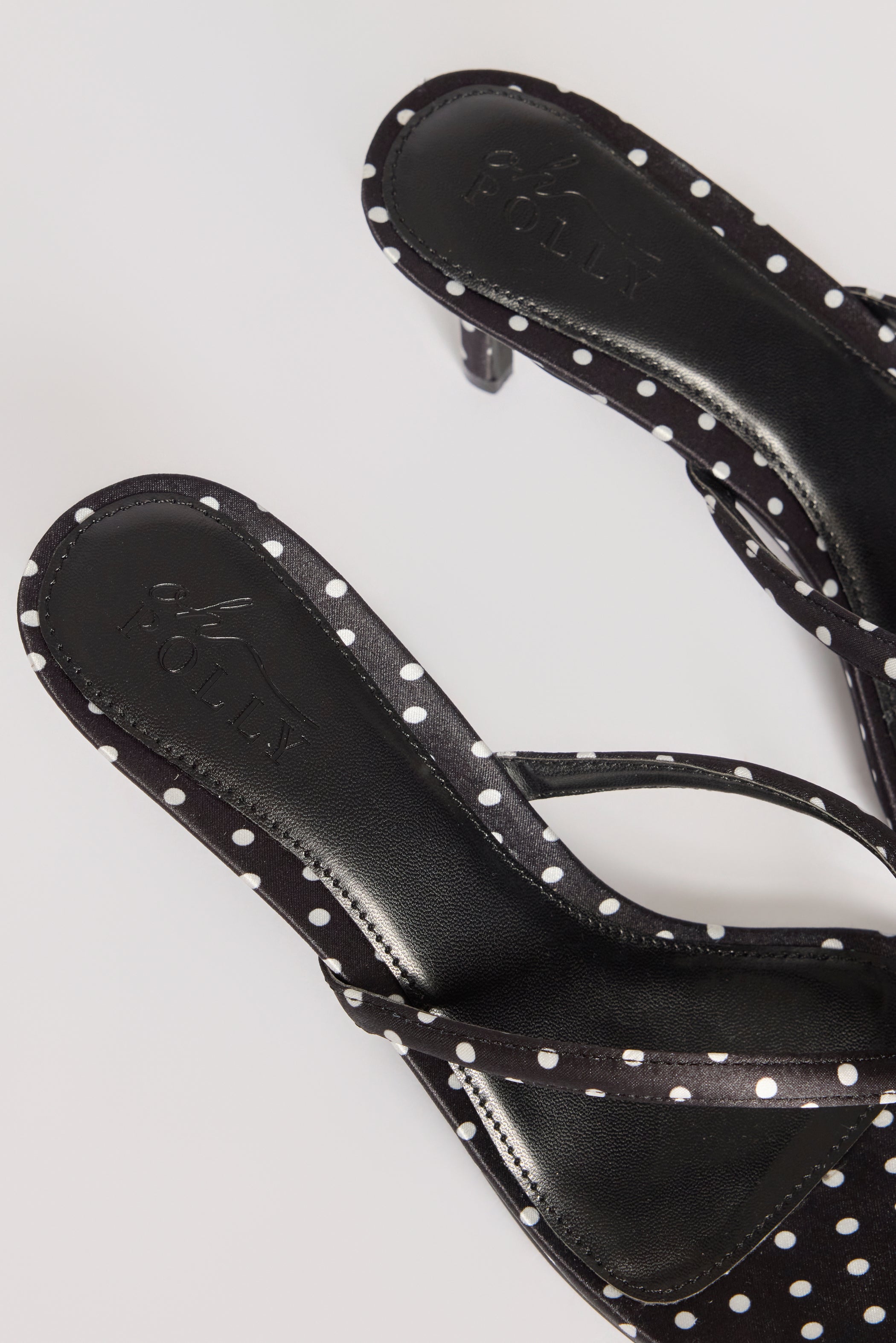 Satin Heeled Thong Sandal in Black Polka Dot