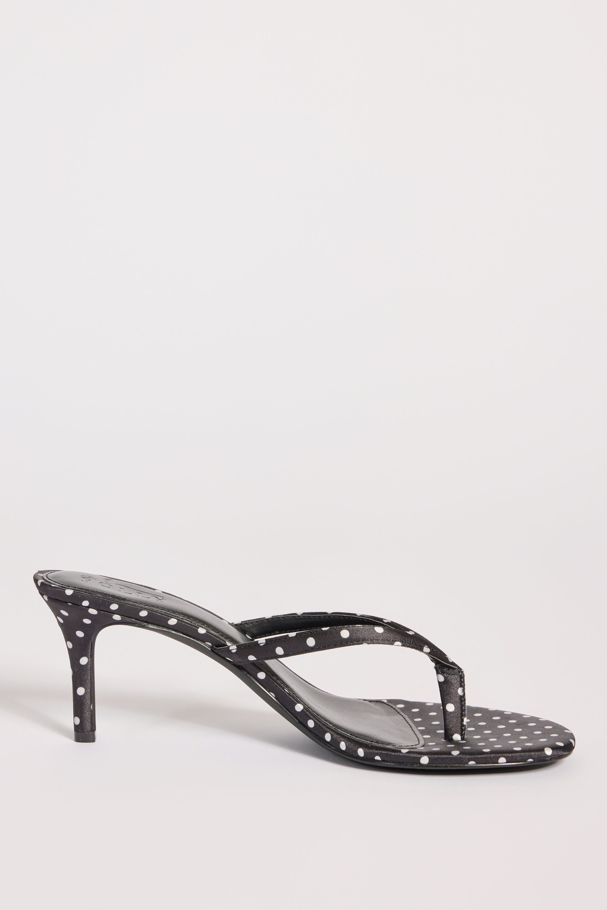 Satin Heeled Thong Sandal in Black Polka Dot