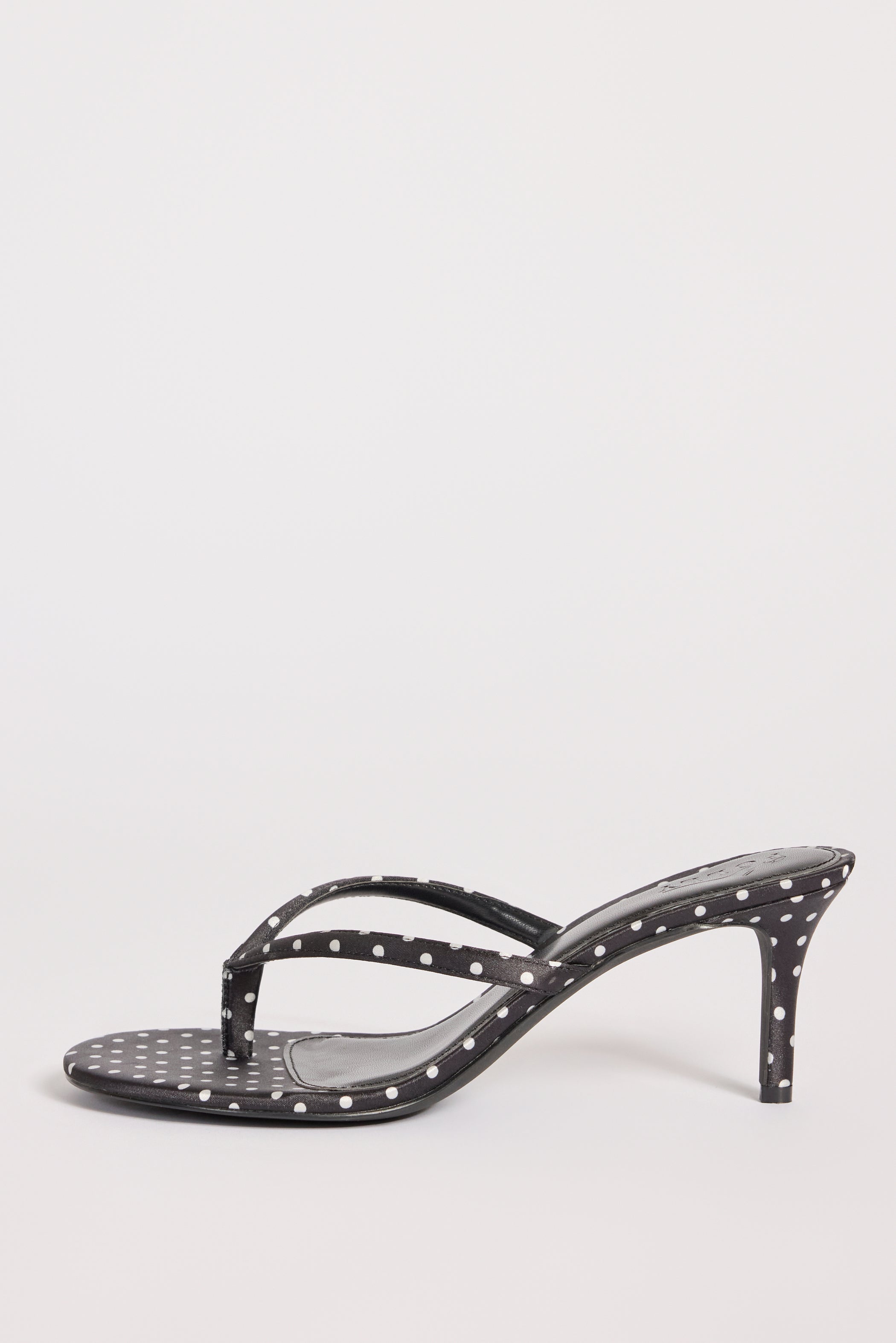 Satin Heeled Thong Sandal in Black Polka Dot