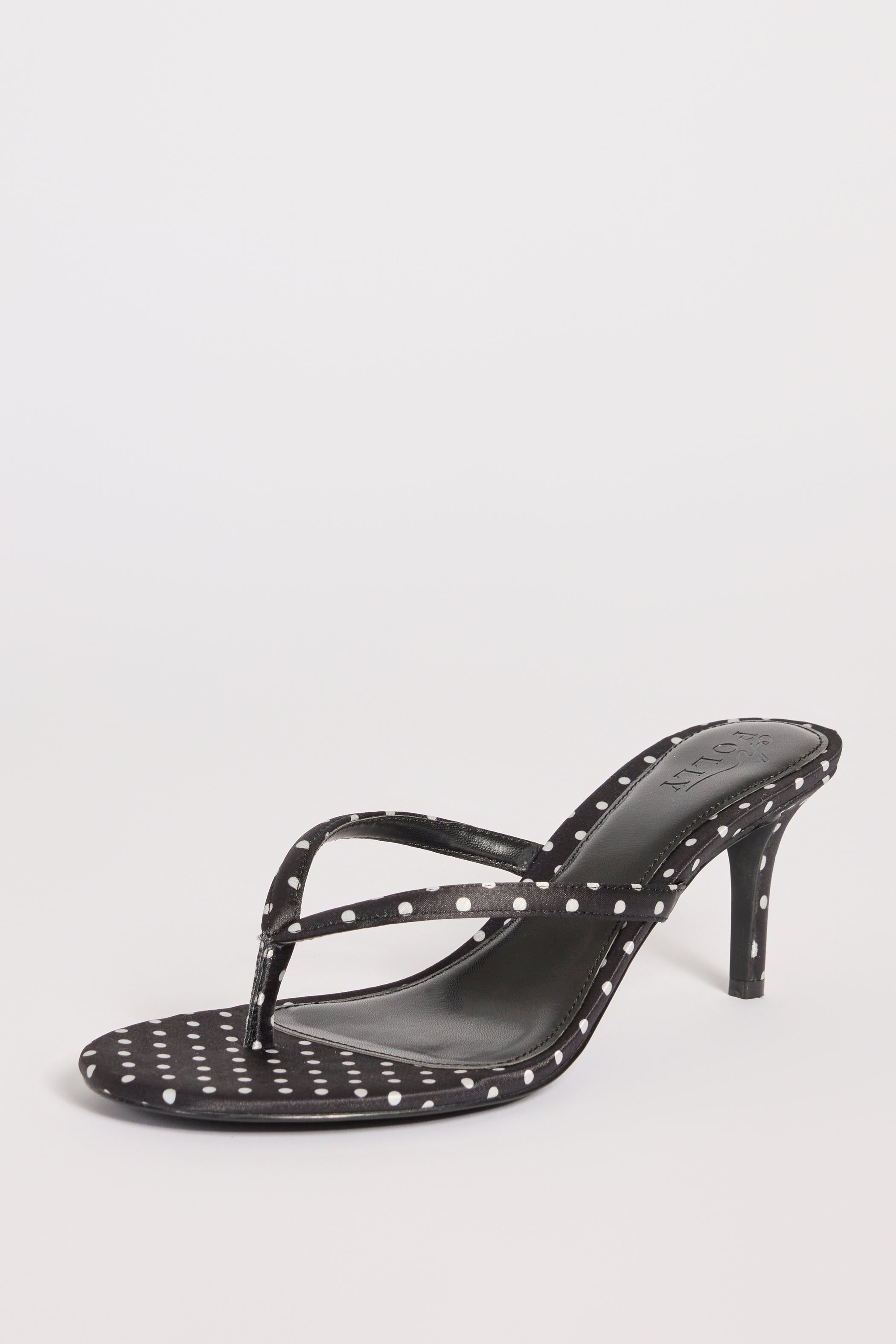 Satin Heeled Thong Sandal in Black Polka Dot