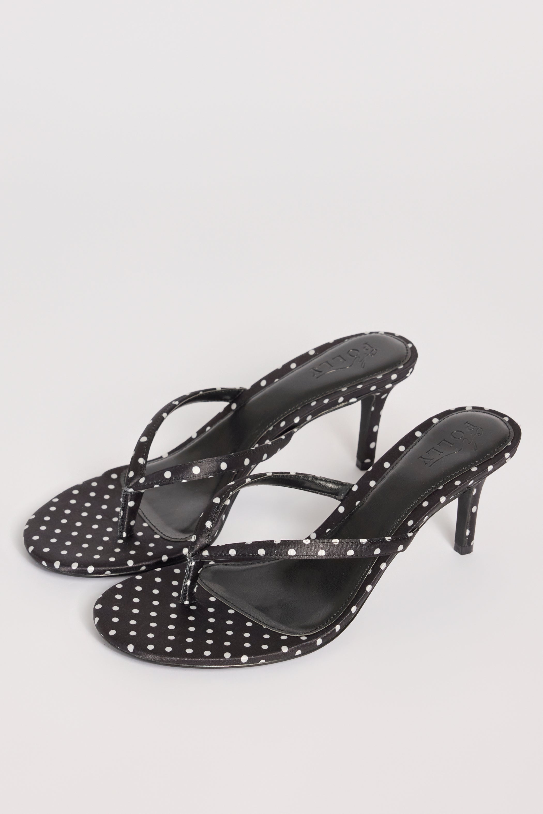 Satin Heeled Thong Sandal in Black Polka Dot