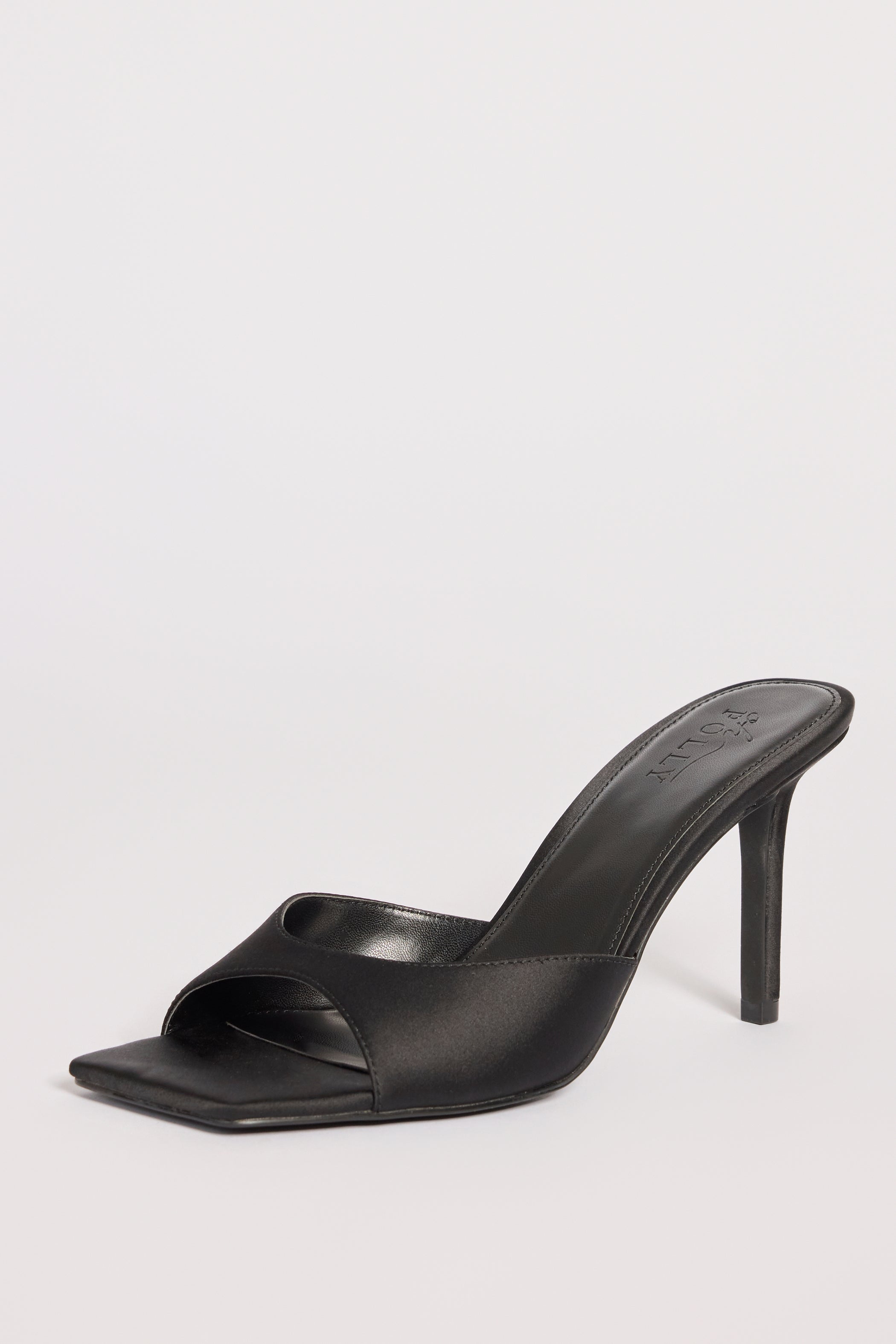 Satin Heeled Mule Sandal in Black