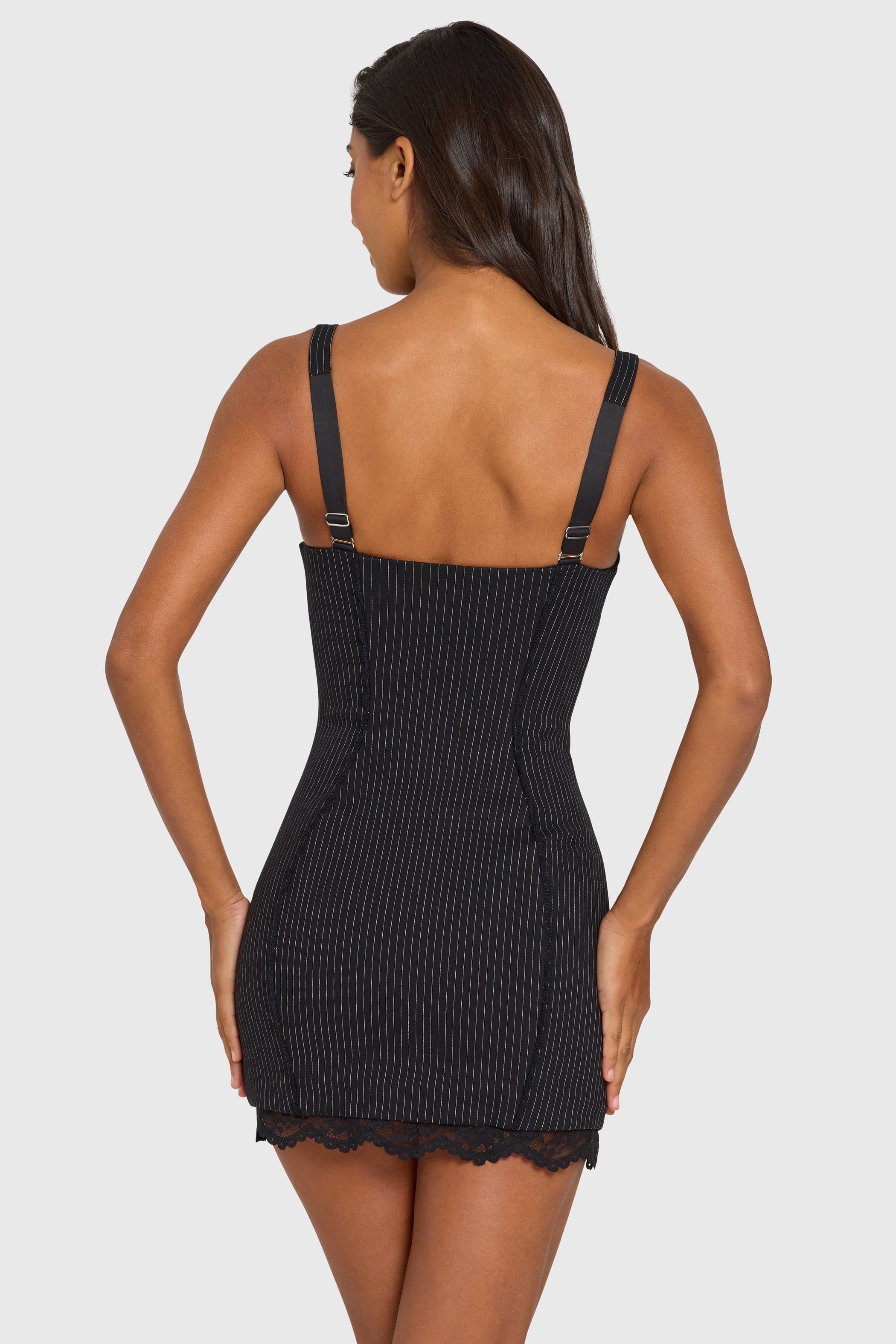 Ponte Lace-Trim Peekaboo Mini Dress  in Black Pinstripe
