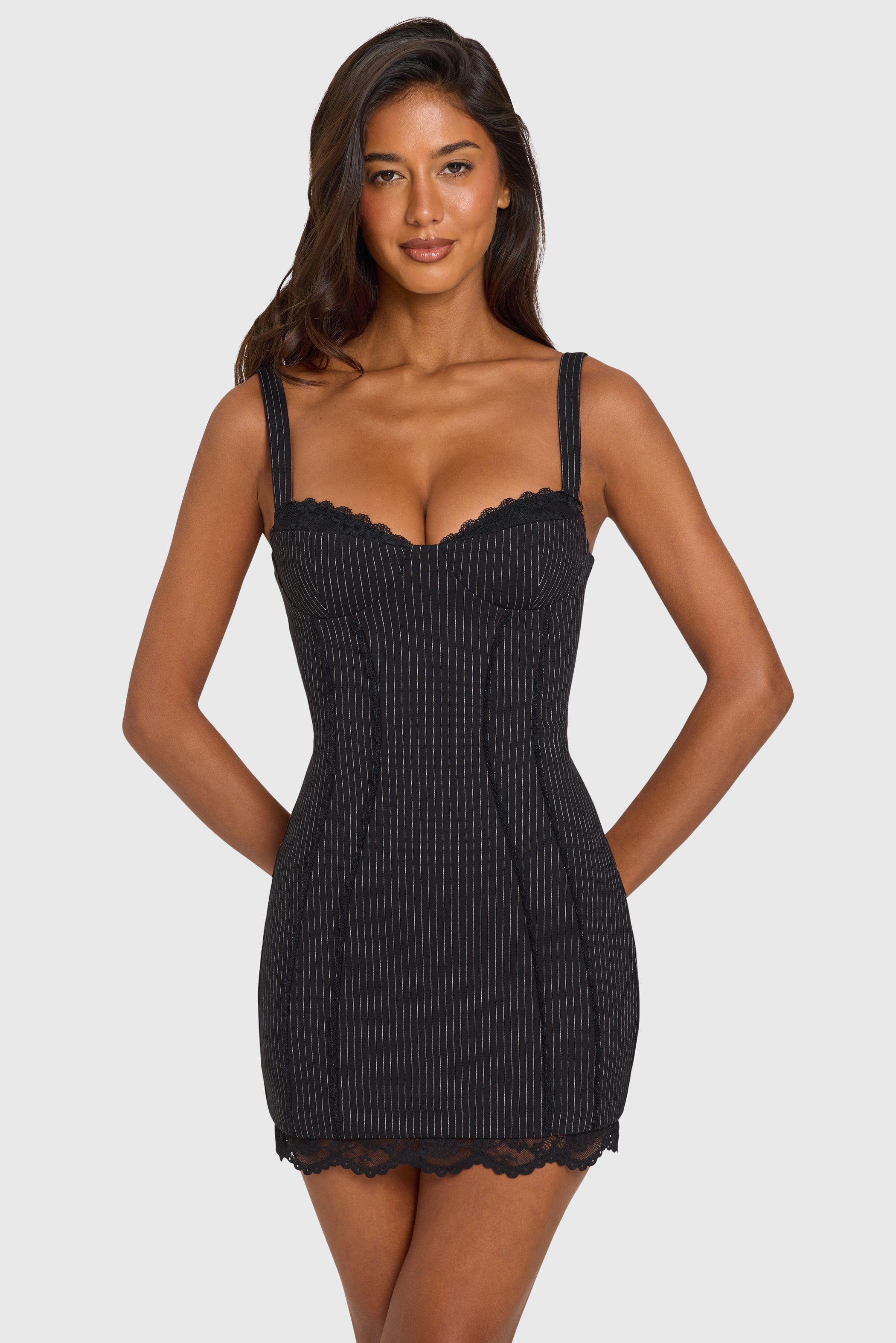 Ponte Lace-Trim Peekaboo Mini Dress  in Black Pinstripe