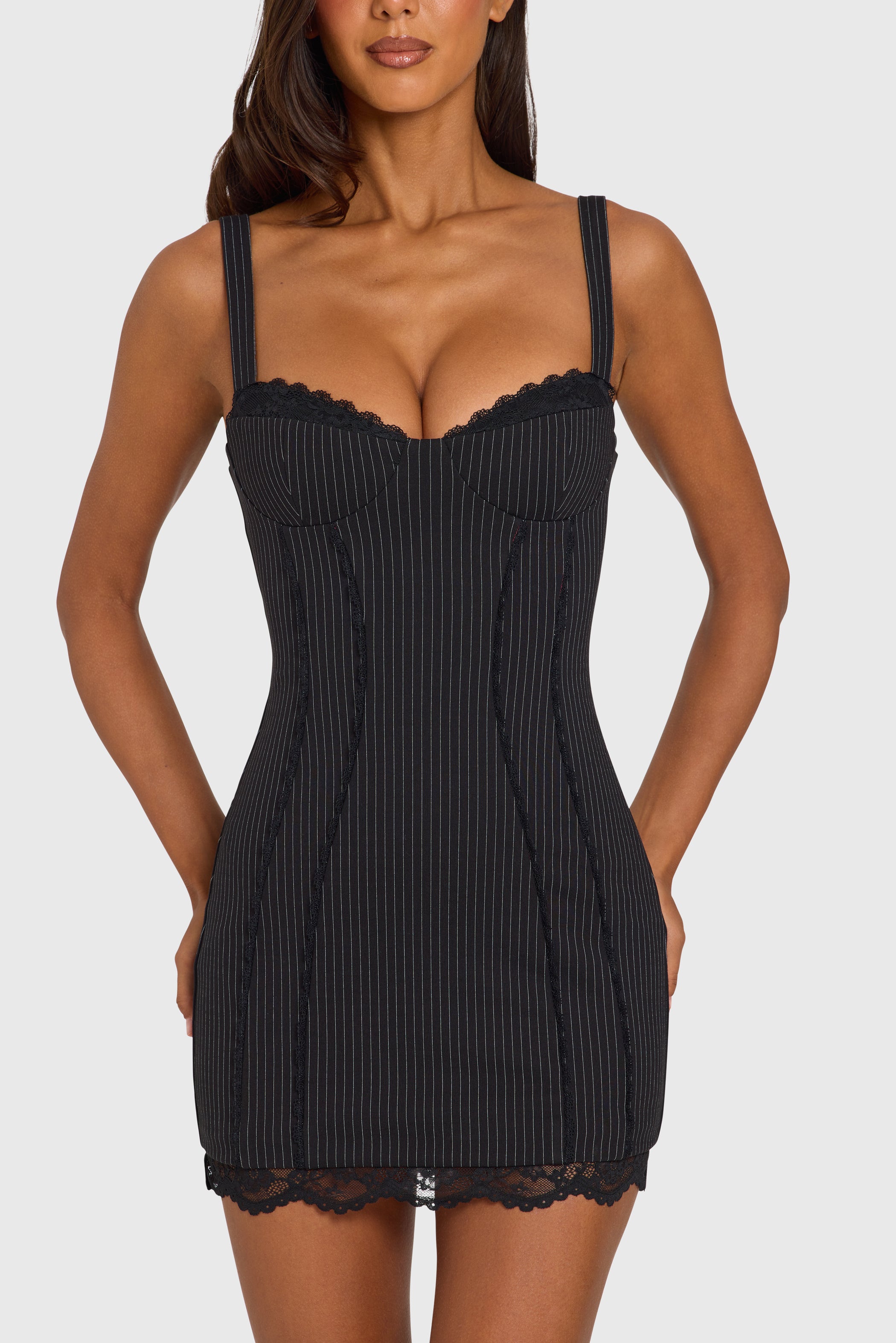 Ponte Lace-Trim Peekaboo Mini Dress  in Black Pinstripe