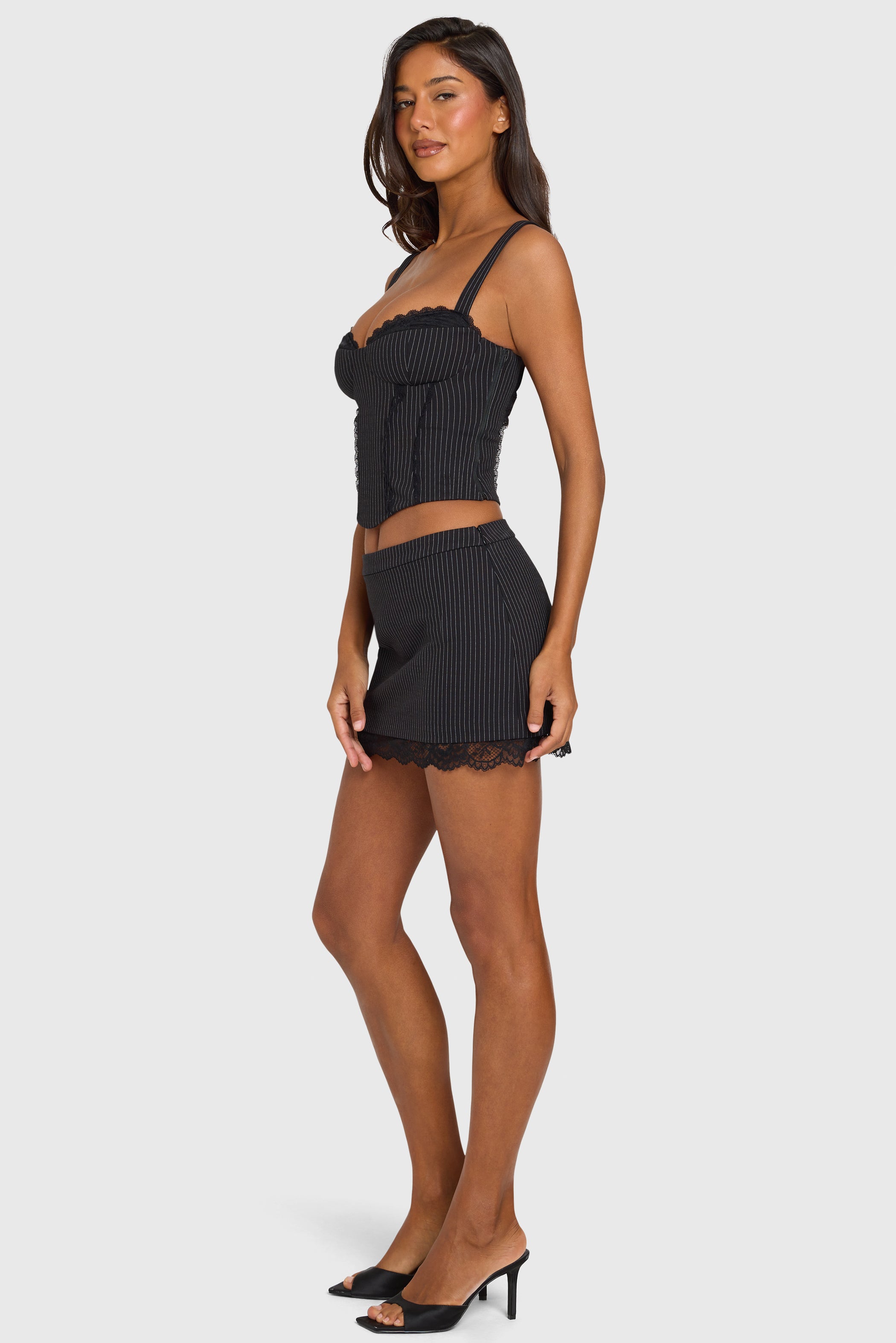 Ponte Lace-Trim Mini Skirt in Black Pinstripe