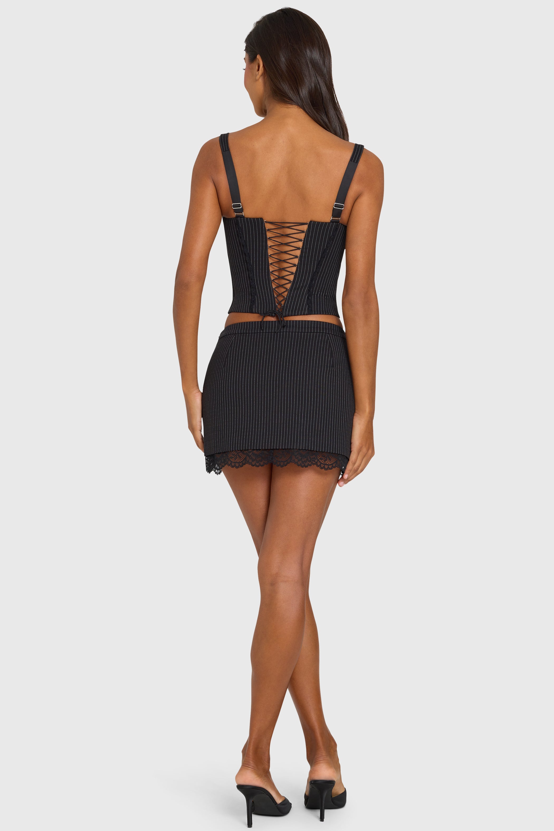 Ponte Lace-Trim Mini Skirt in Black Pinstripe