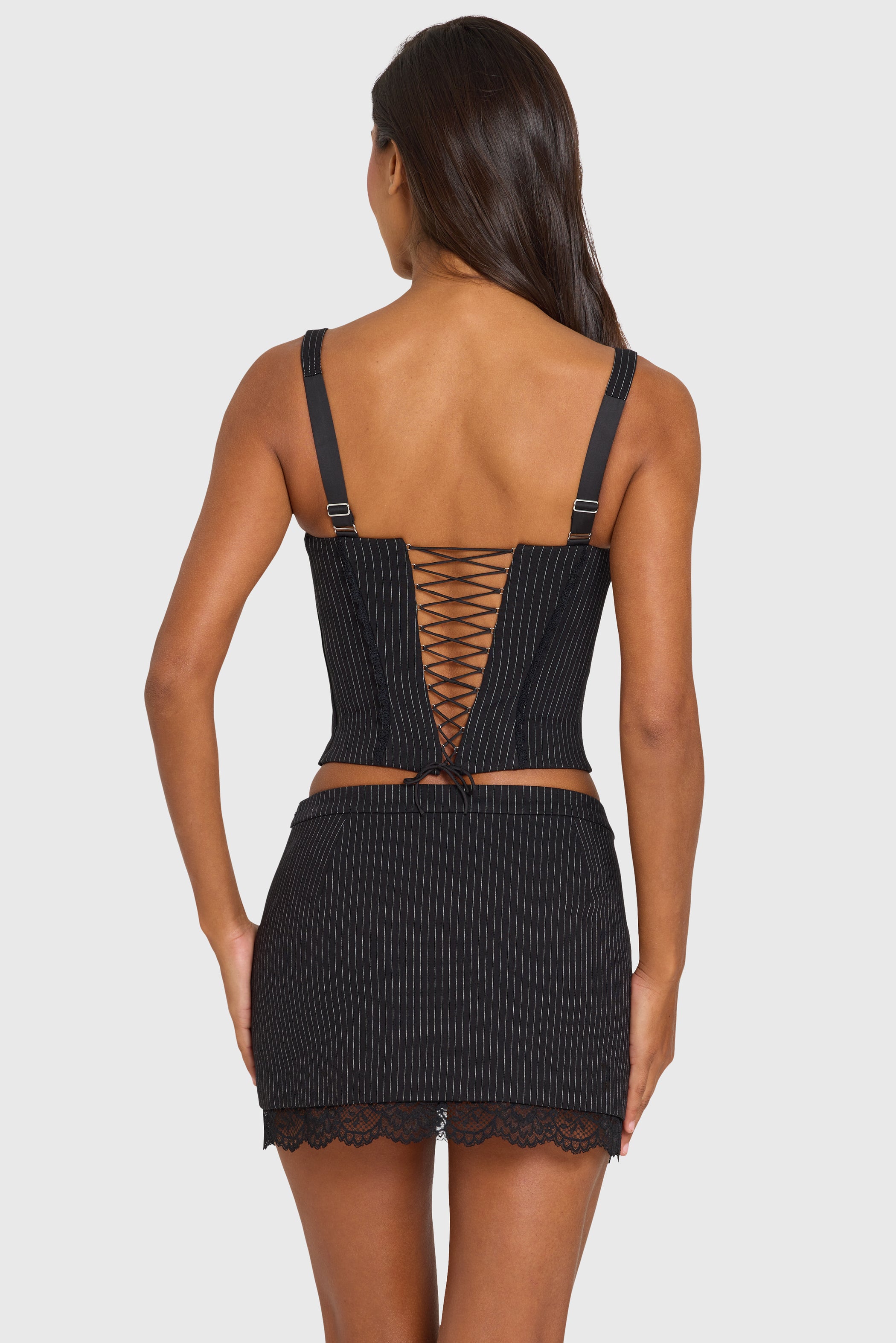 Ponte Lace-Trim Peekaboo Corset Top in Black Pinstripe