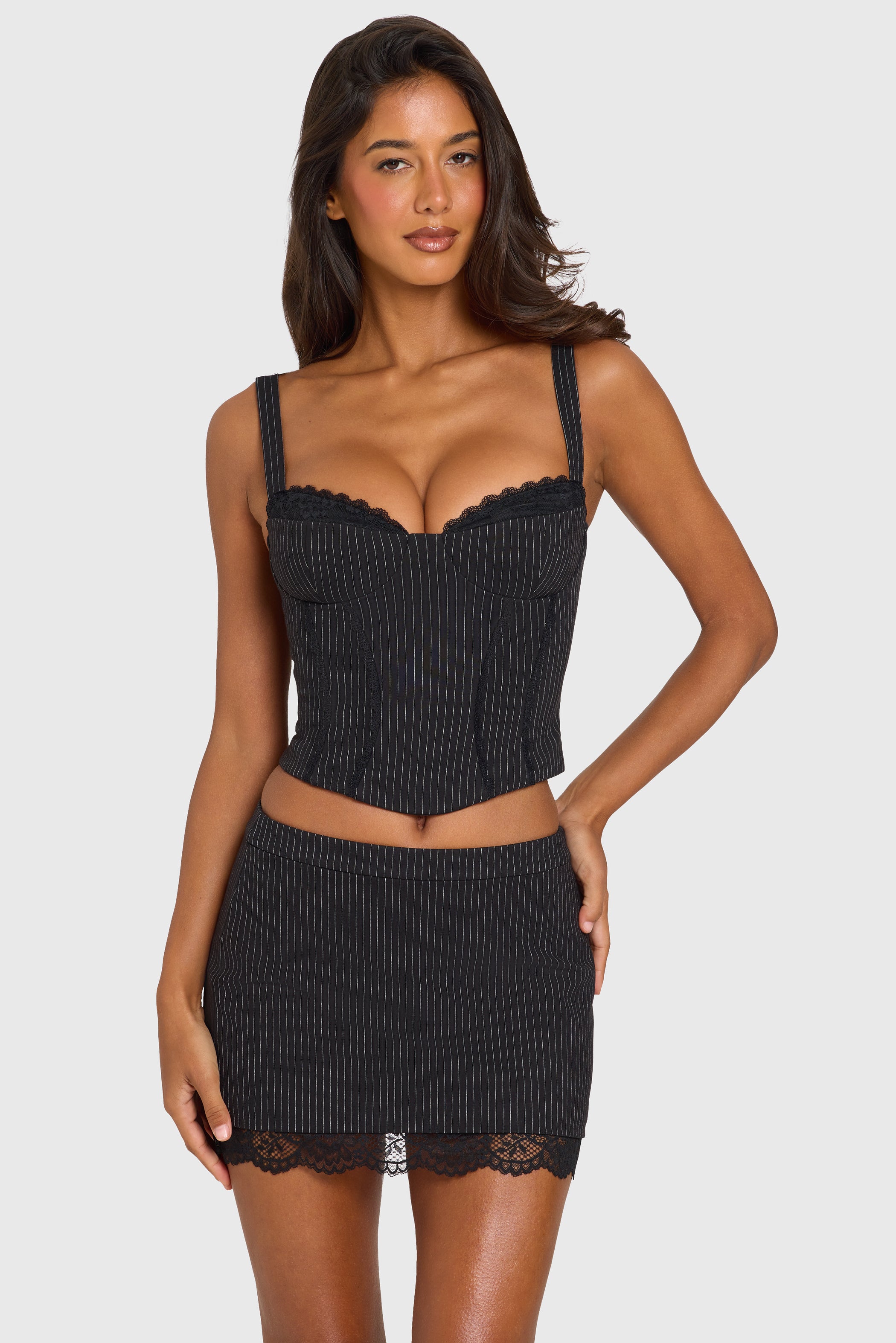 Ponte Lace-Trim Peekaboo Corset Top in Black Pinstripe