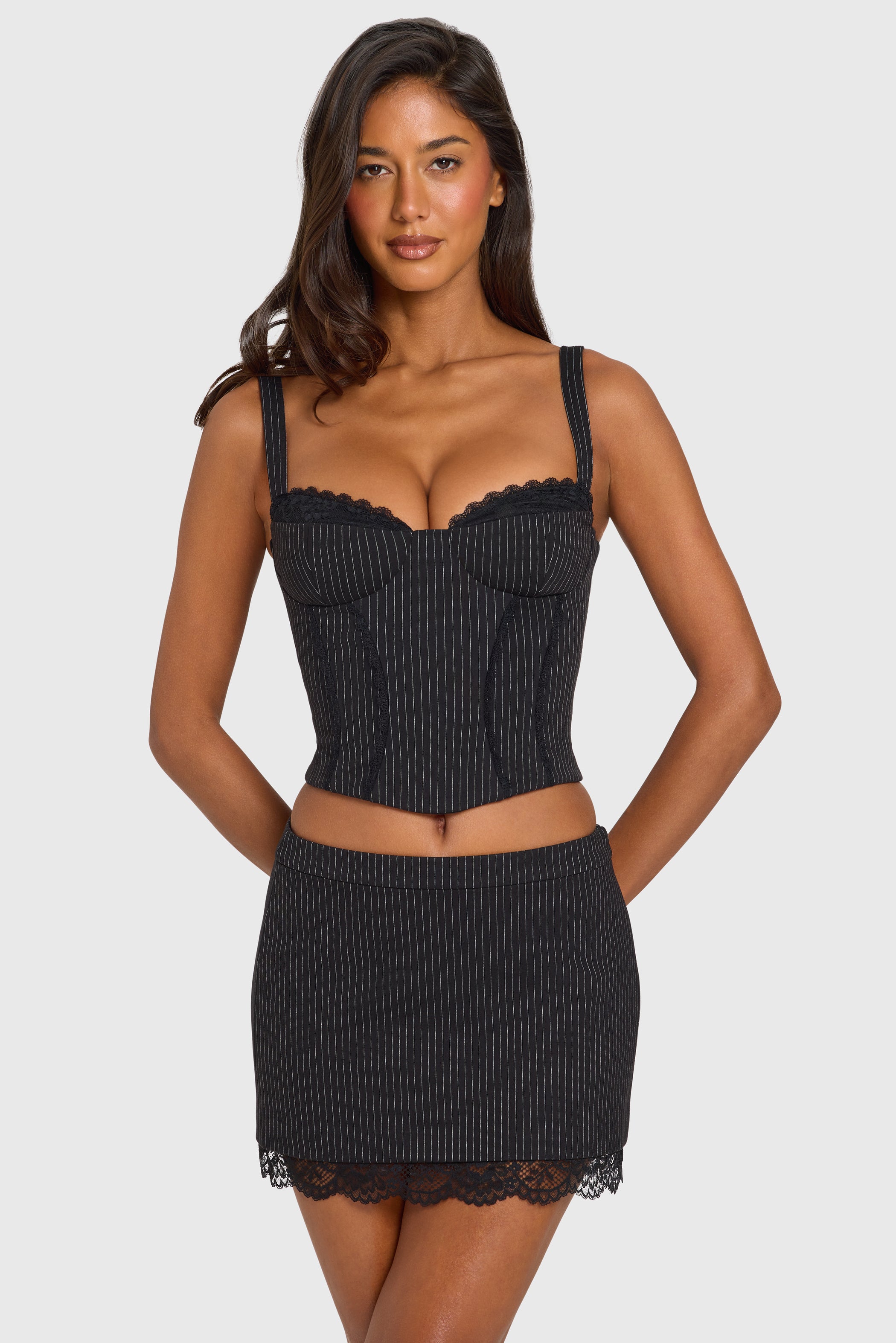 Ponte Lace-Trim Peekaboo Corset Top in Black Pinstripe