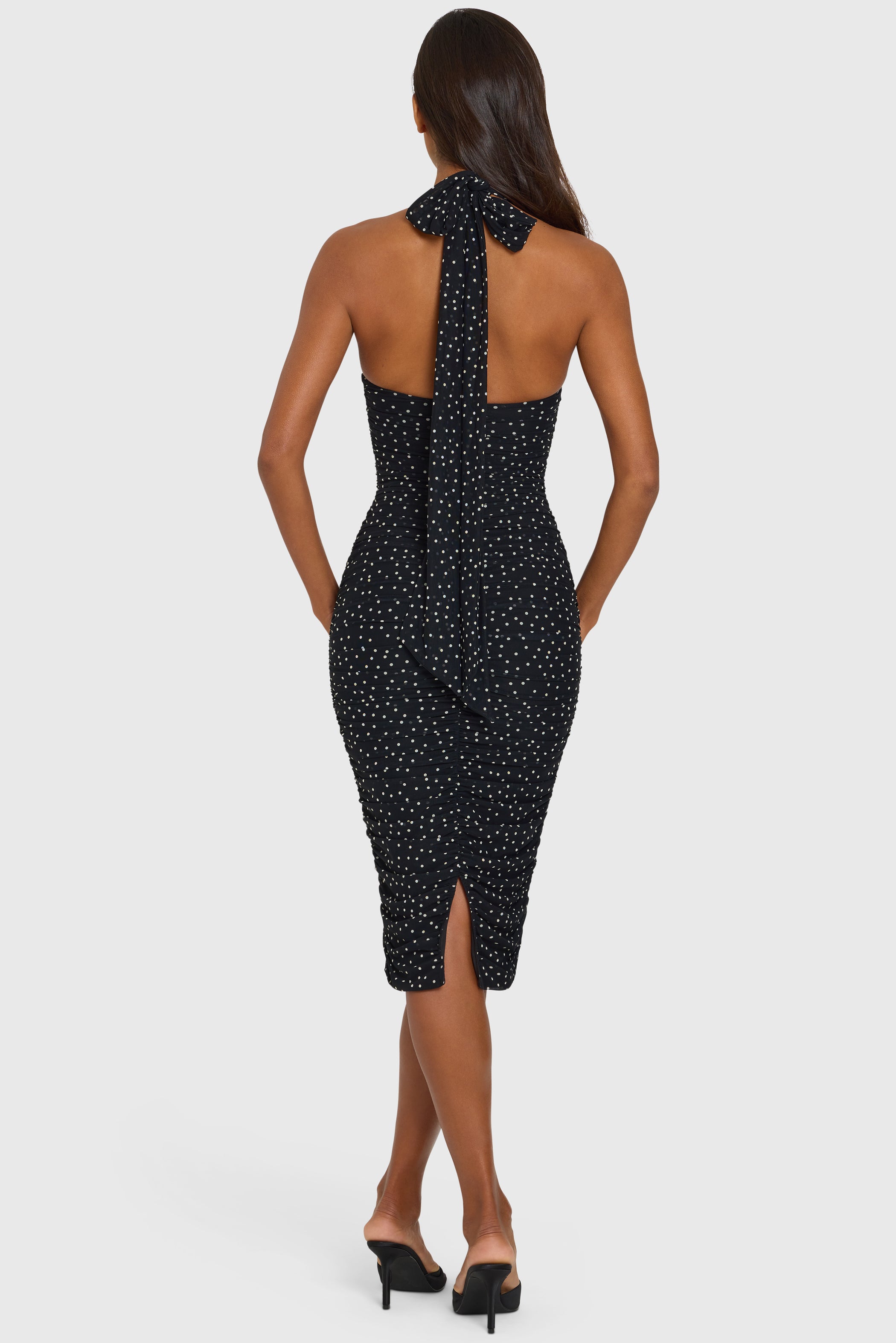 Halterneck Underwired Midi Dress in Black Polka Dot