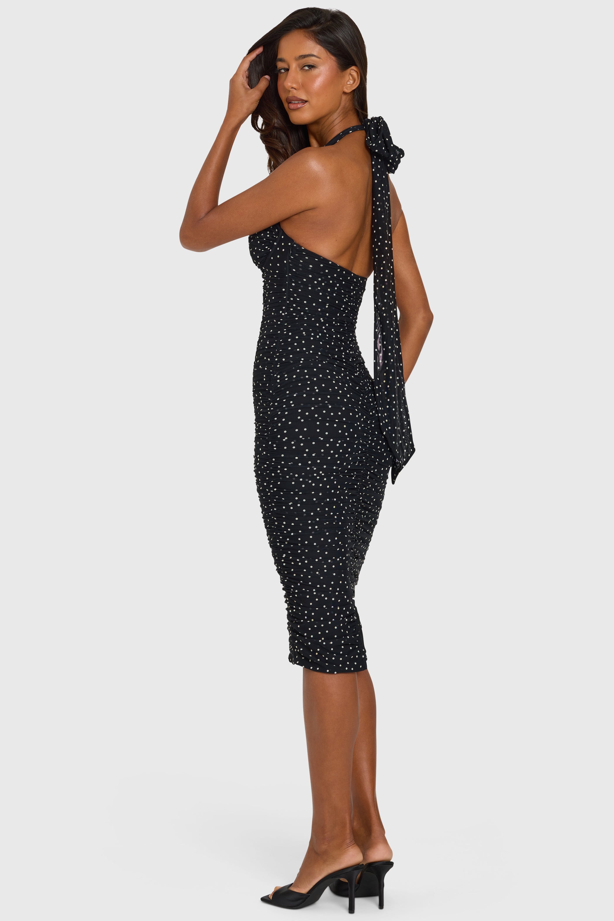Halterneck Underwired Midi Dress in Black Polka Dot