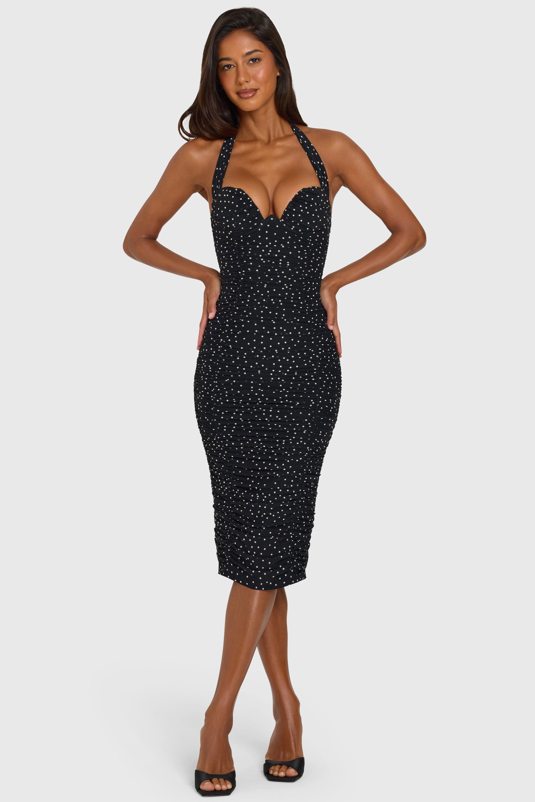 Halterneck Underwired Midi Dress in Black Polka Dot