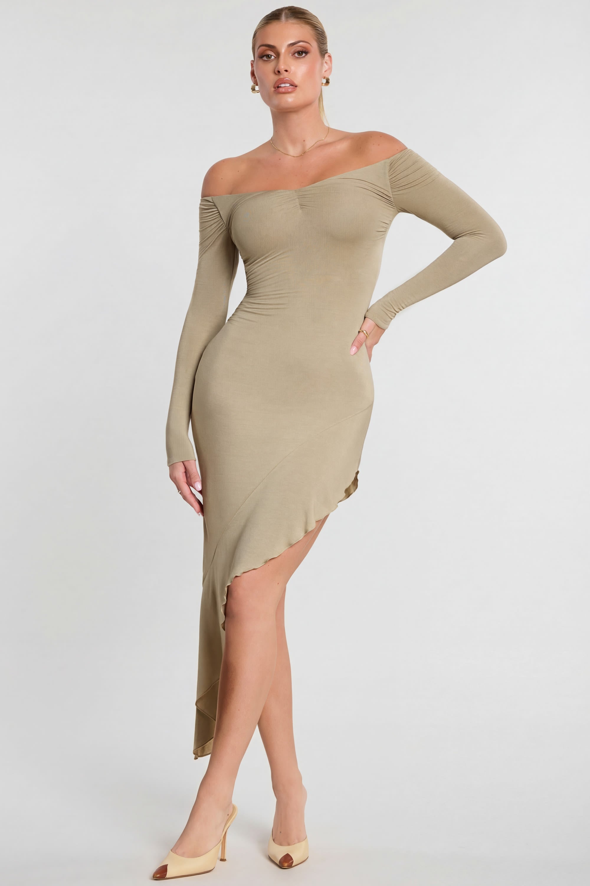 Long Sleeve Off-The-Shoulder Modal Cashmere Blend Maxi Dress in Taupe - 1