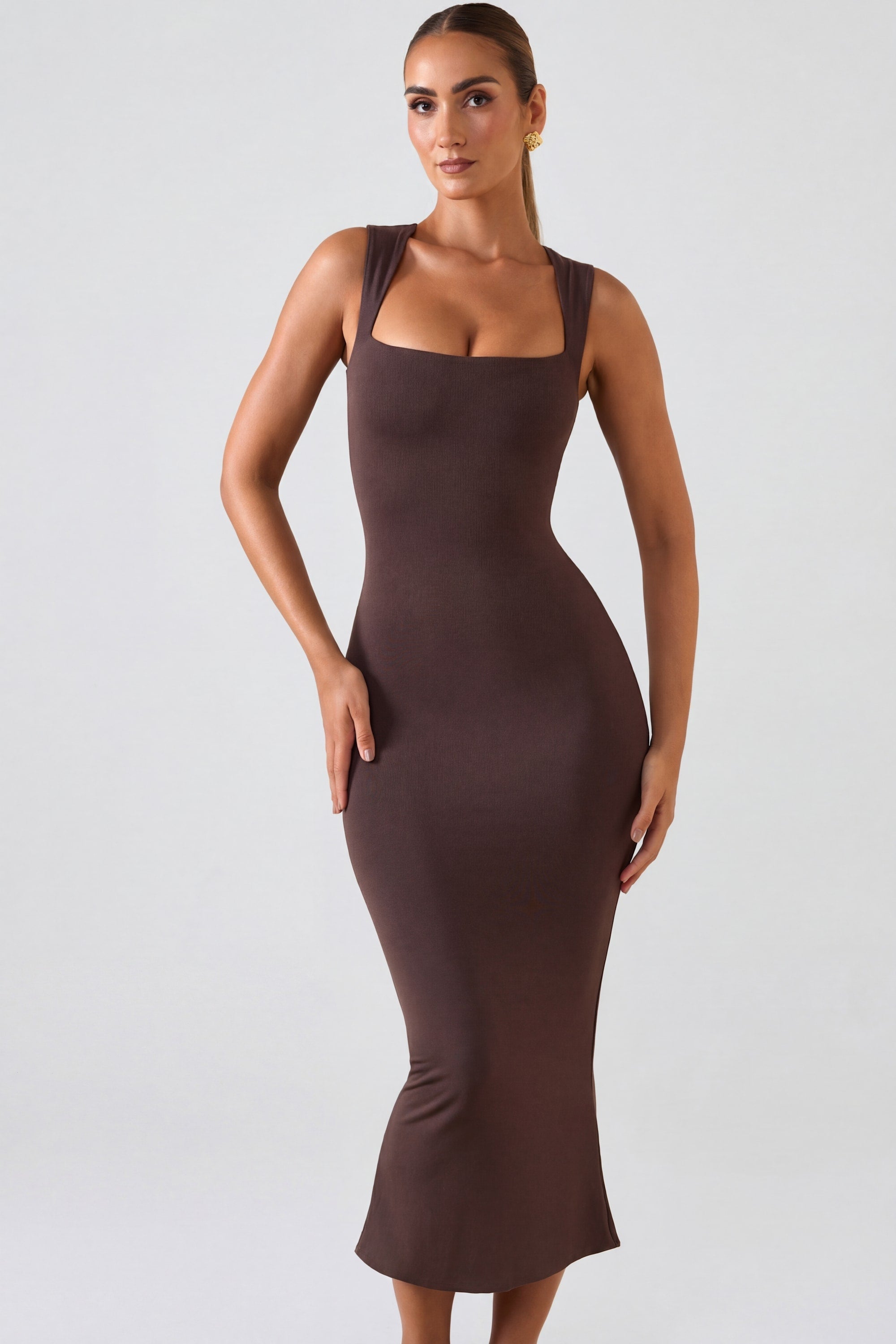Square Neck Midi Dress in Chocolate Brown - 1