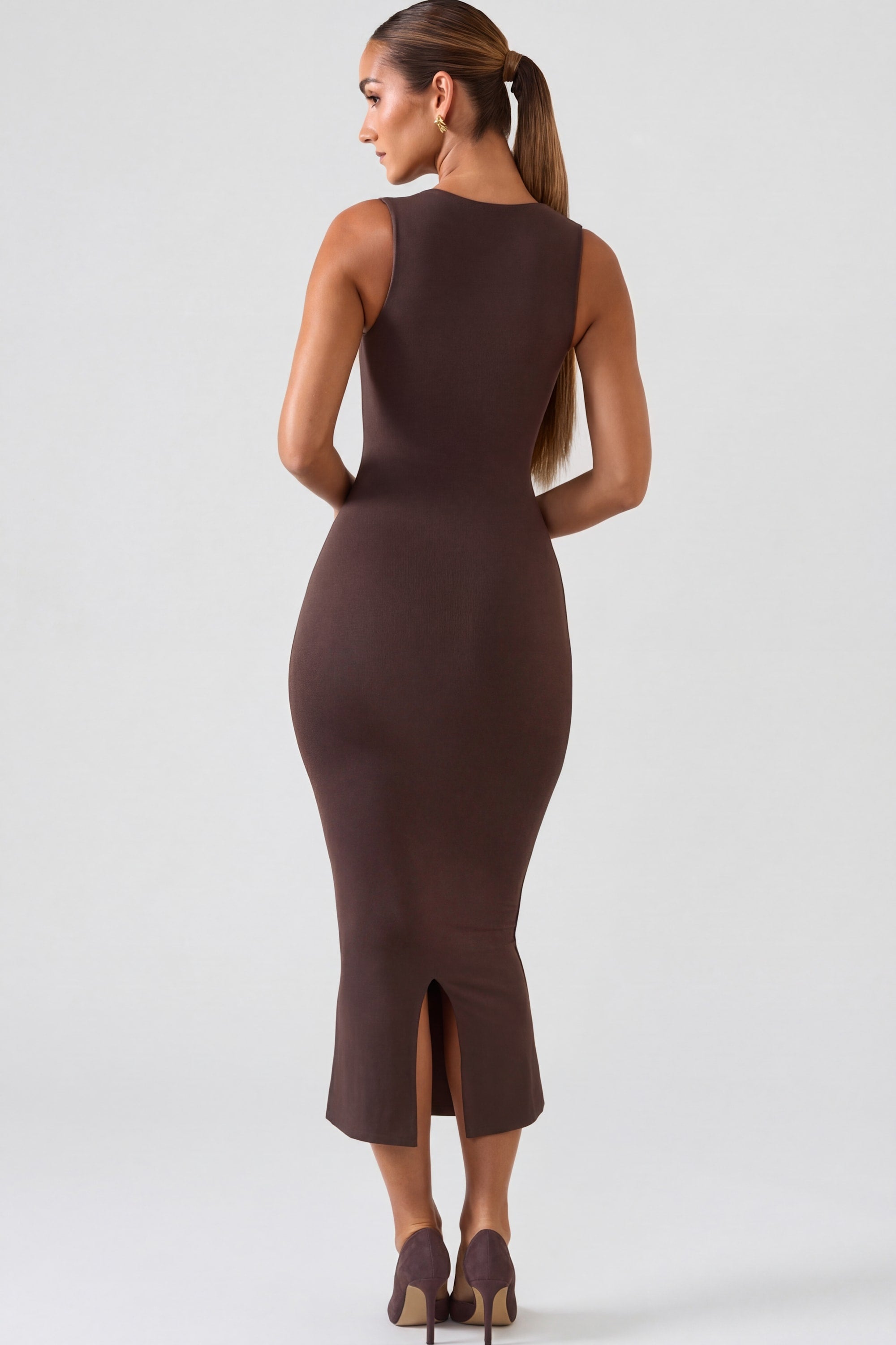 Square Neck Midi Dress in Chocolate Brown - 2